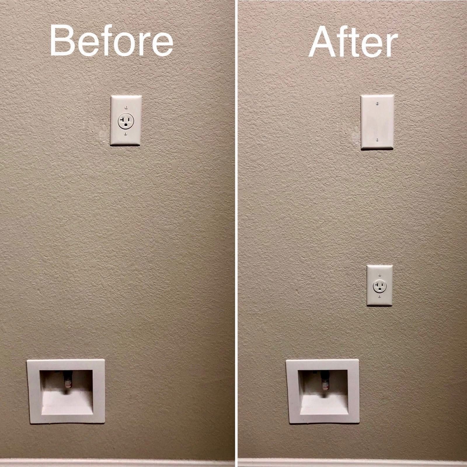 Before and after photos: wall with electrical outlets and a water valve box. The outlet above the valve box is replaced with a blank cover and another outlet is added.