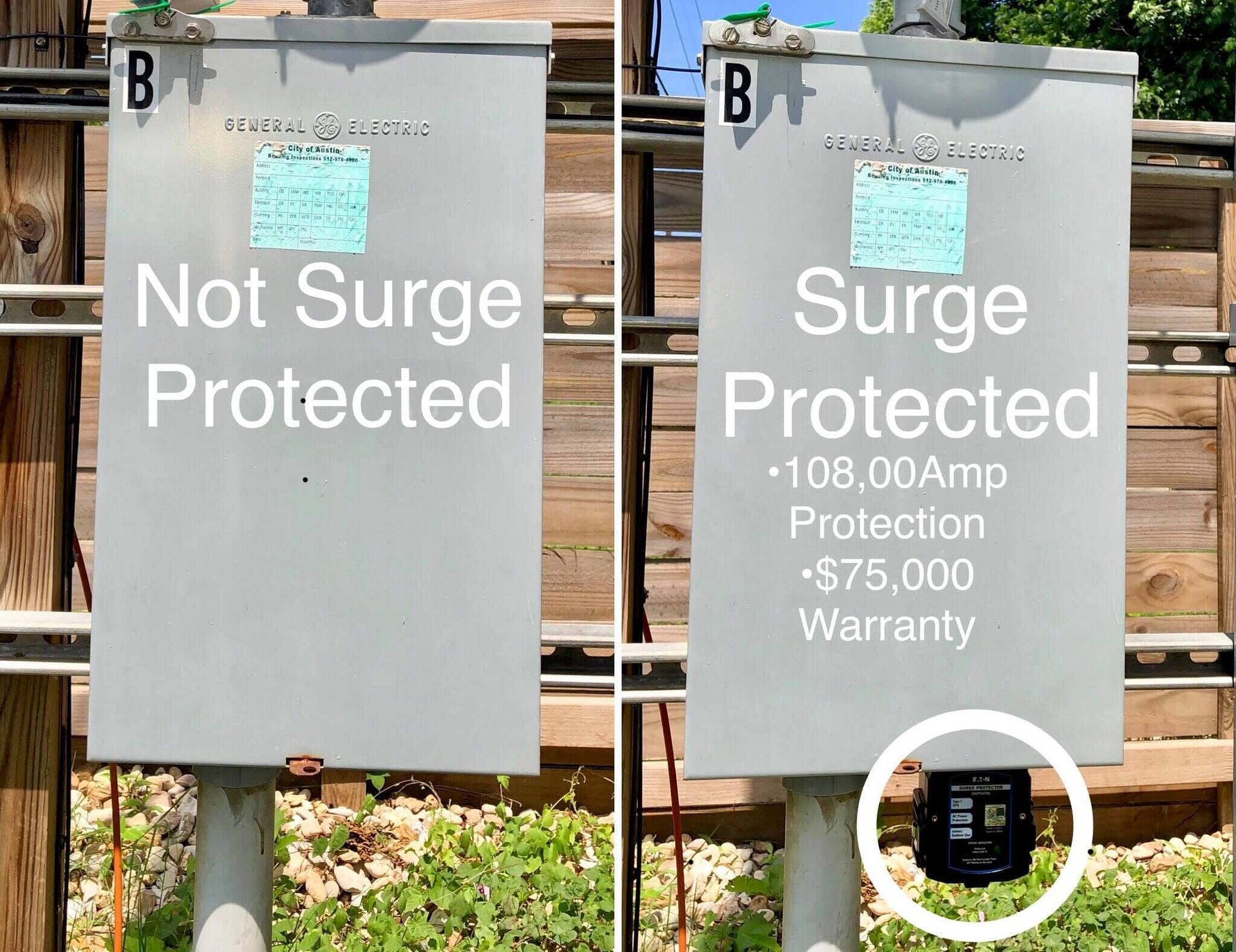 Two electrical boxes on poles; one labeled 