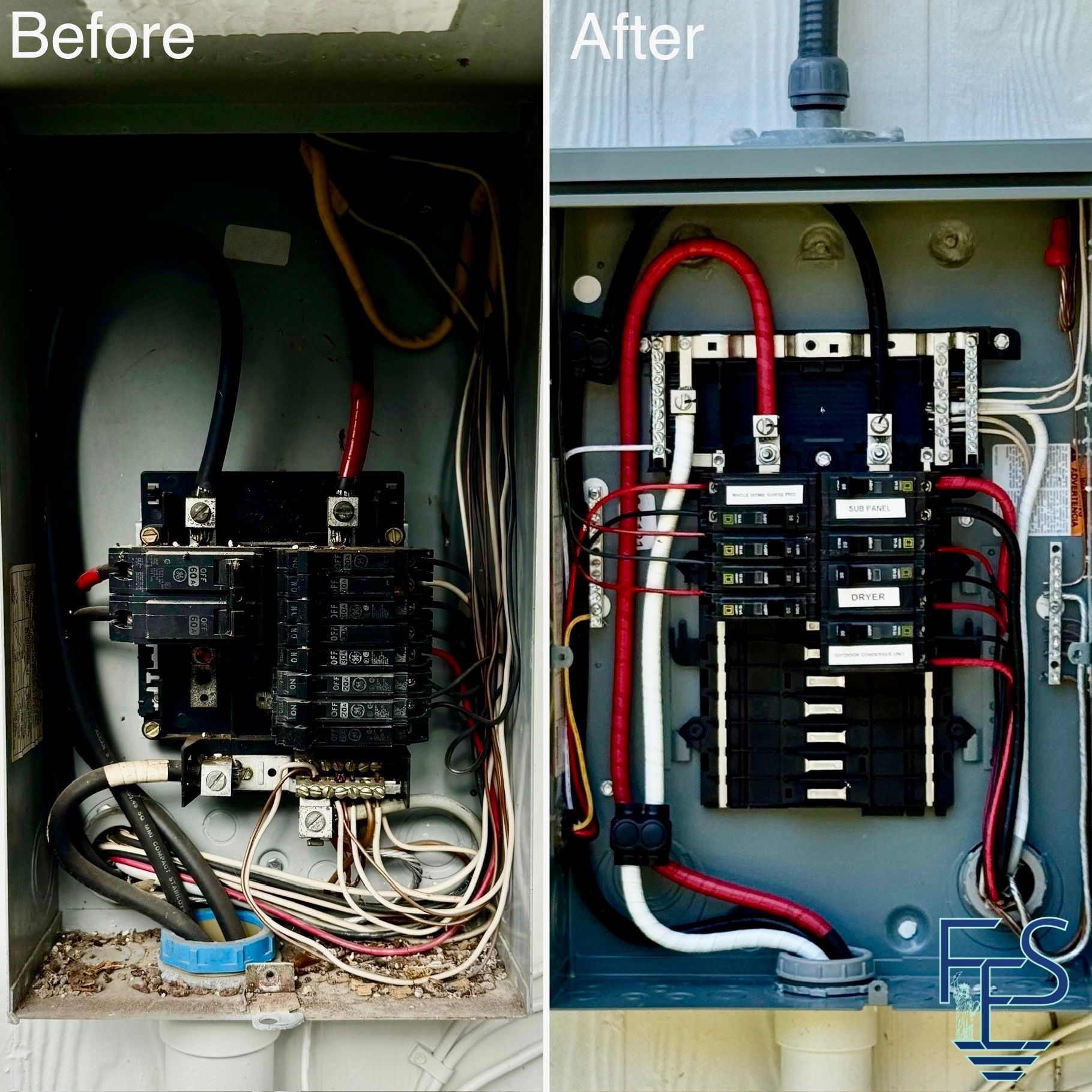 Comparison of a dirty electrical panel (before) and a clean, rewired panel (after).