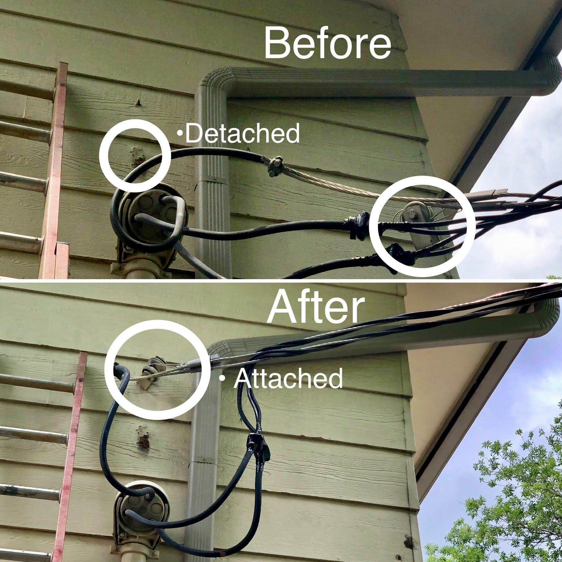 Before/after photos of black cables reattached to a house's exterior. The cables were detached, now they are attached.