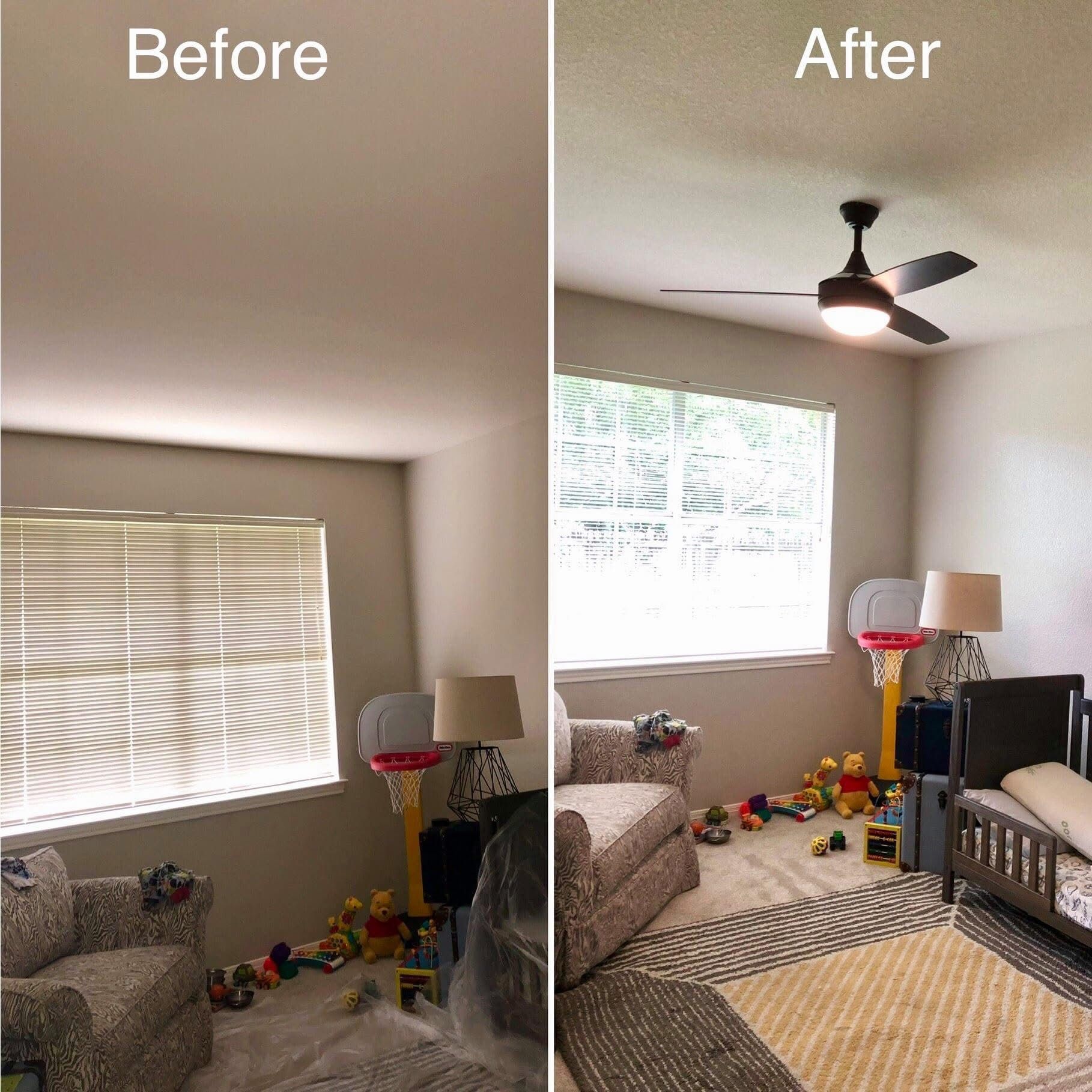 Room with window and blinds; before and after shot. After image shows ceiling fan, chair, bed, toys.
