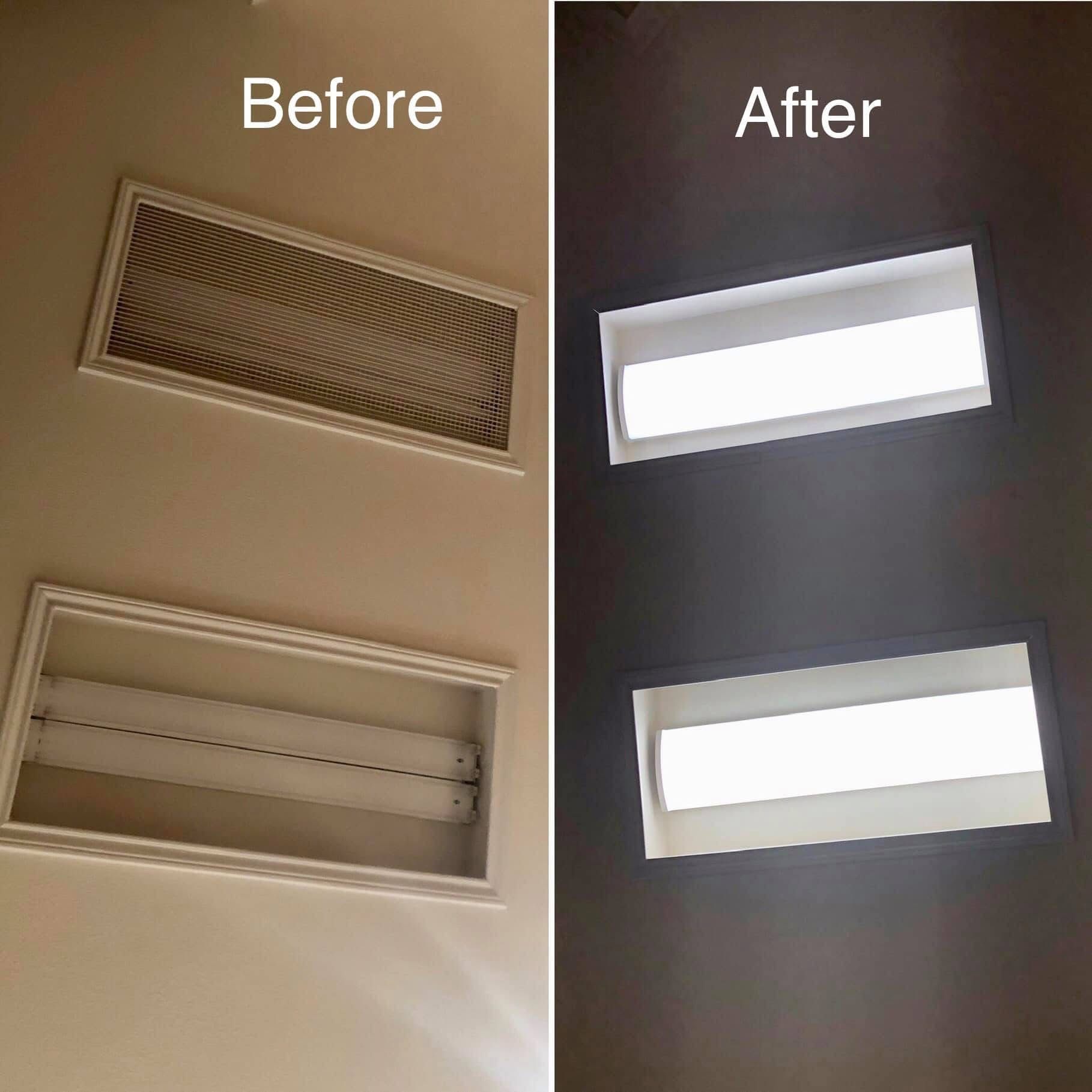 Ceiling light fixture before and after renovation. The 