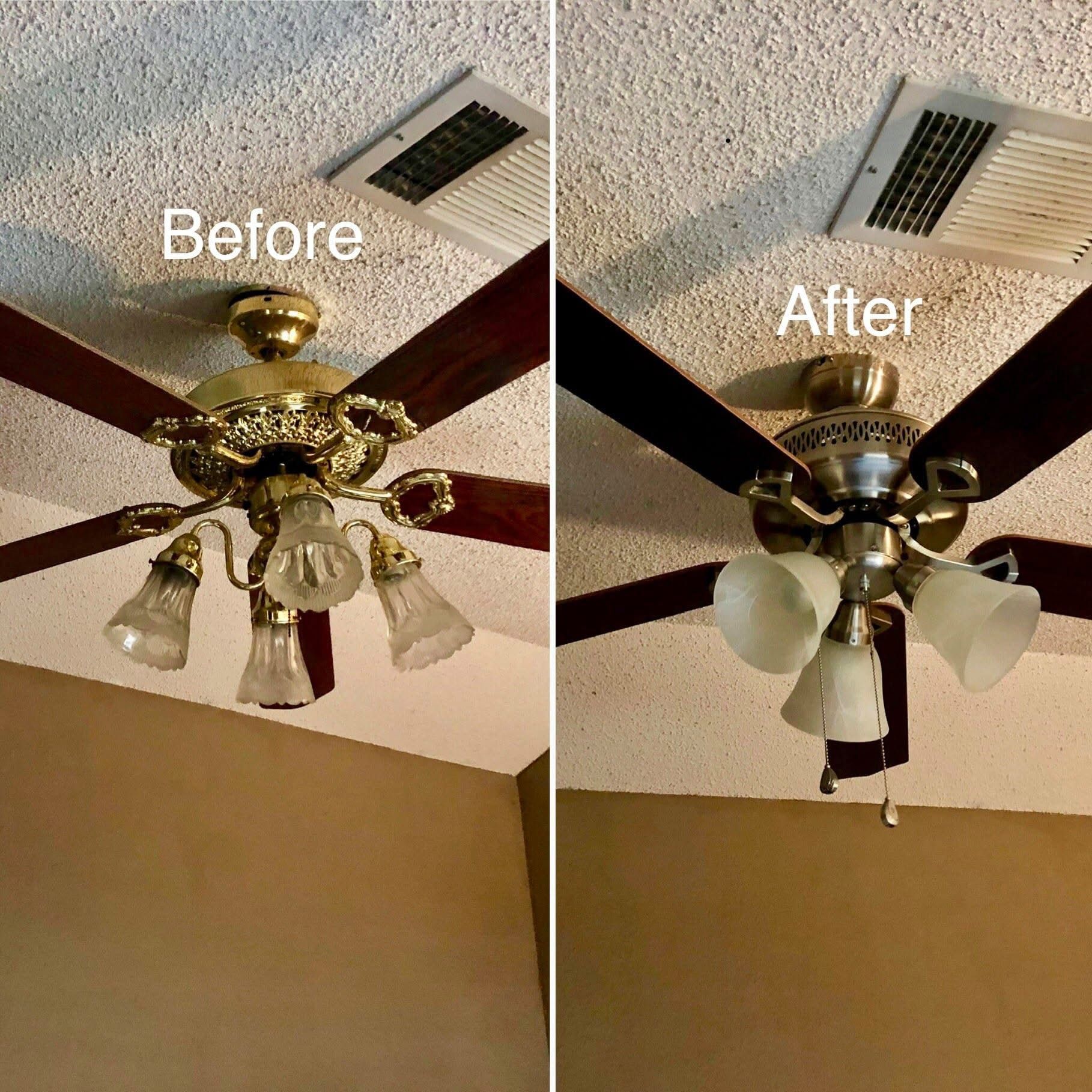Comparison: Before/After of a ceiling fan with light fixtures; clean vs. dusty.
