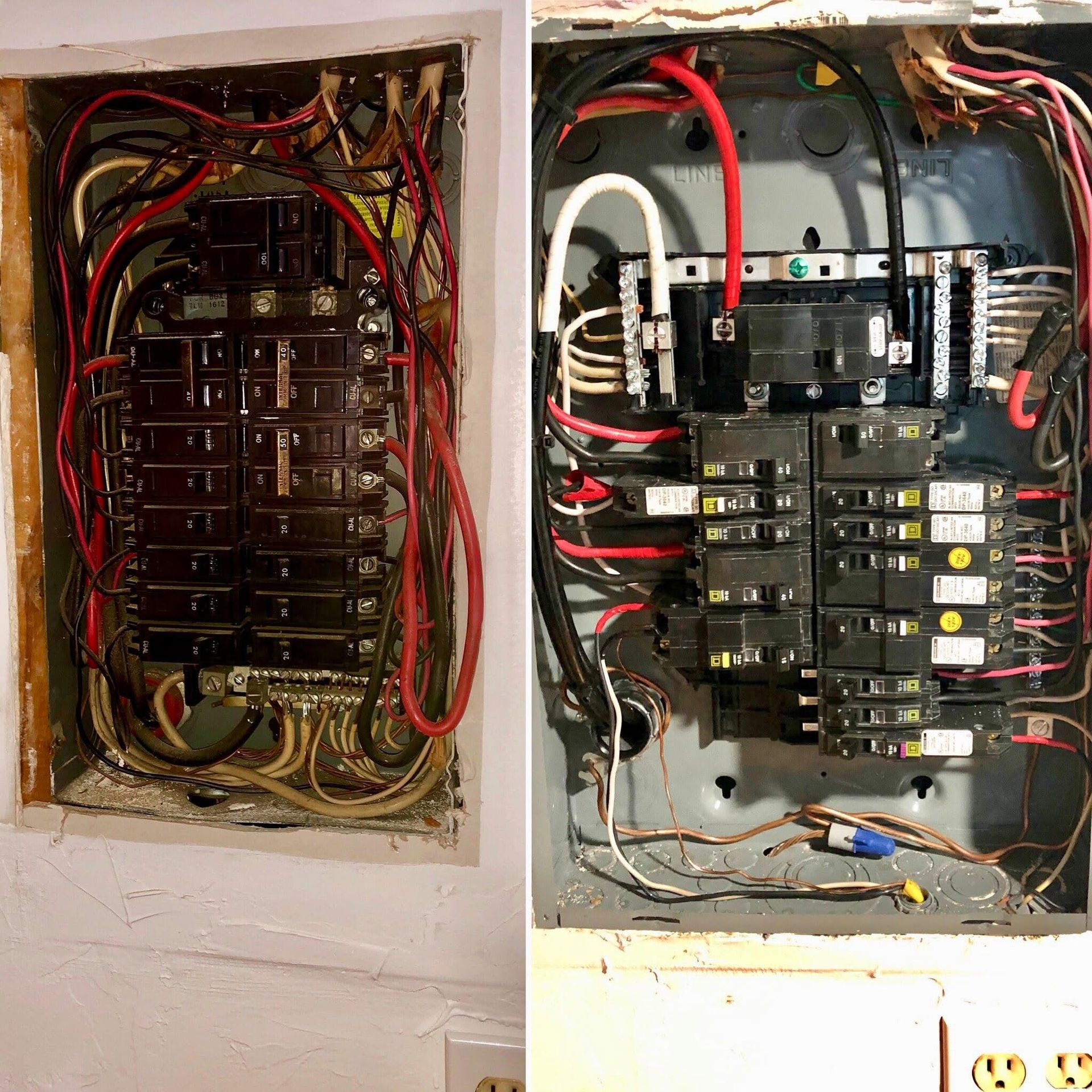 Two electrical breaker boxes side-by-side. One box is open, full of wires. The other is newer, with organized wires.