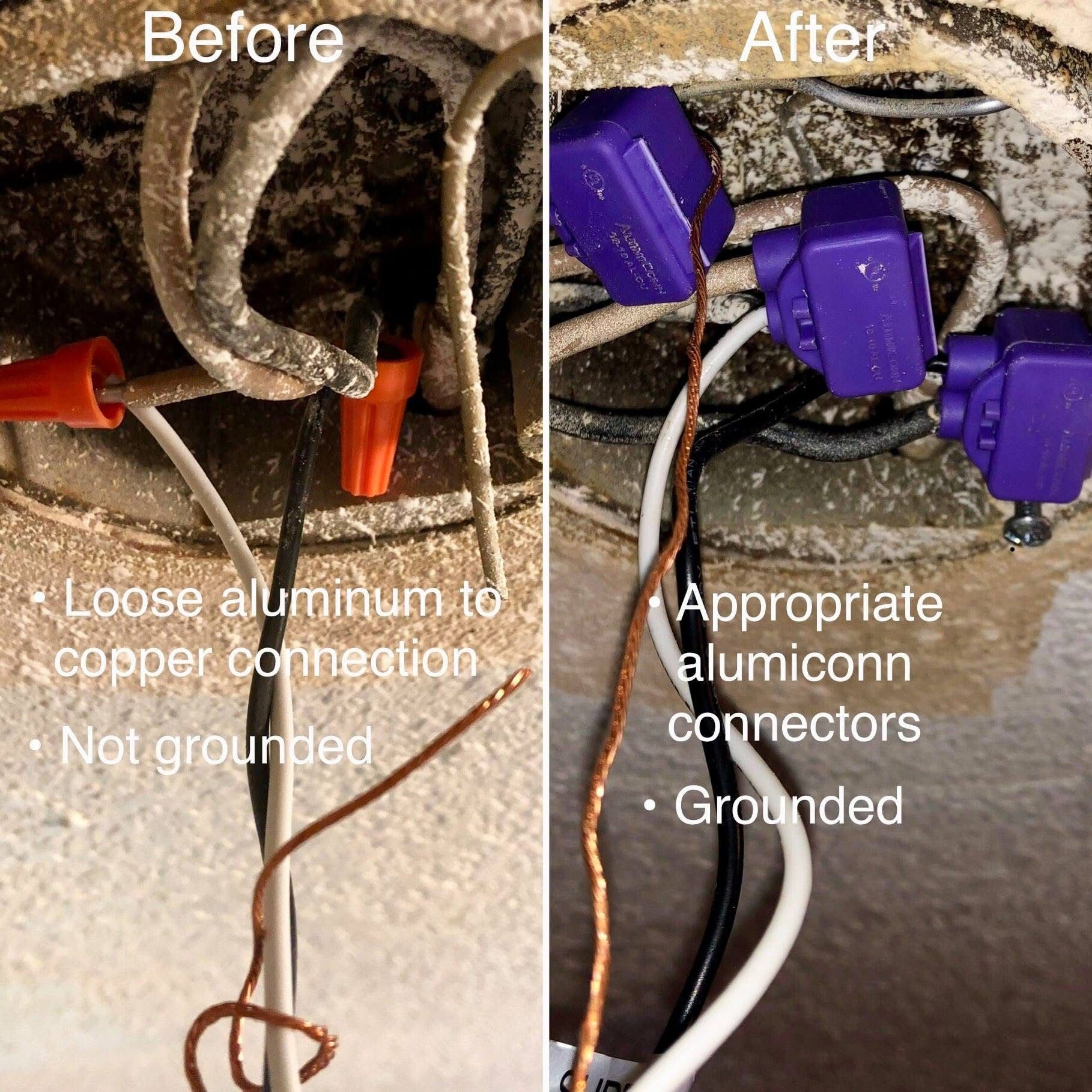 Before/After comparison: electrical wiring repair. Loose aluminum-copper connection replaced with alumiconn connectors; grounding wire added.