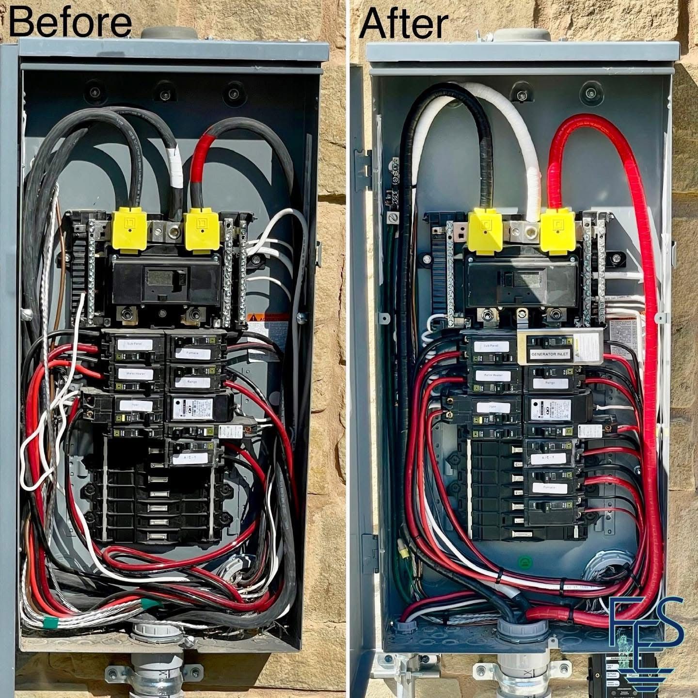 Before-and-after of electrical panel wiring. Left: disorganized. Right: neat wiring with black, white, and red wires.