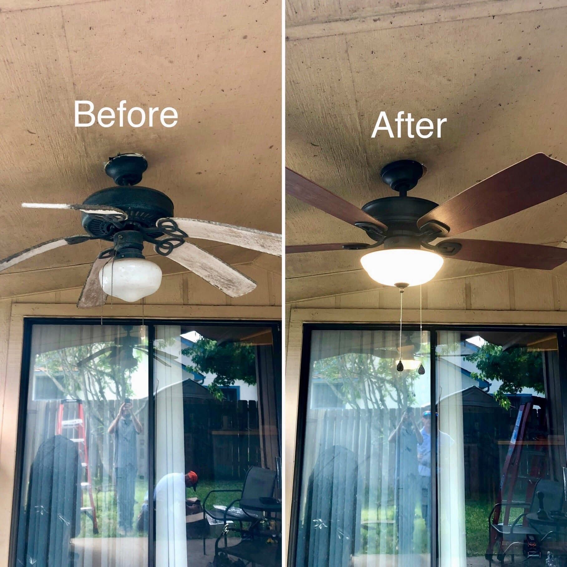 Comparison of a ceiling fan before and after a change. The fan has new blades and a brighter light.