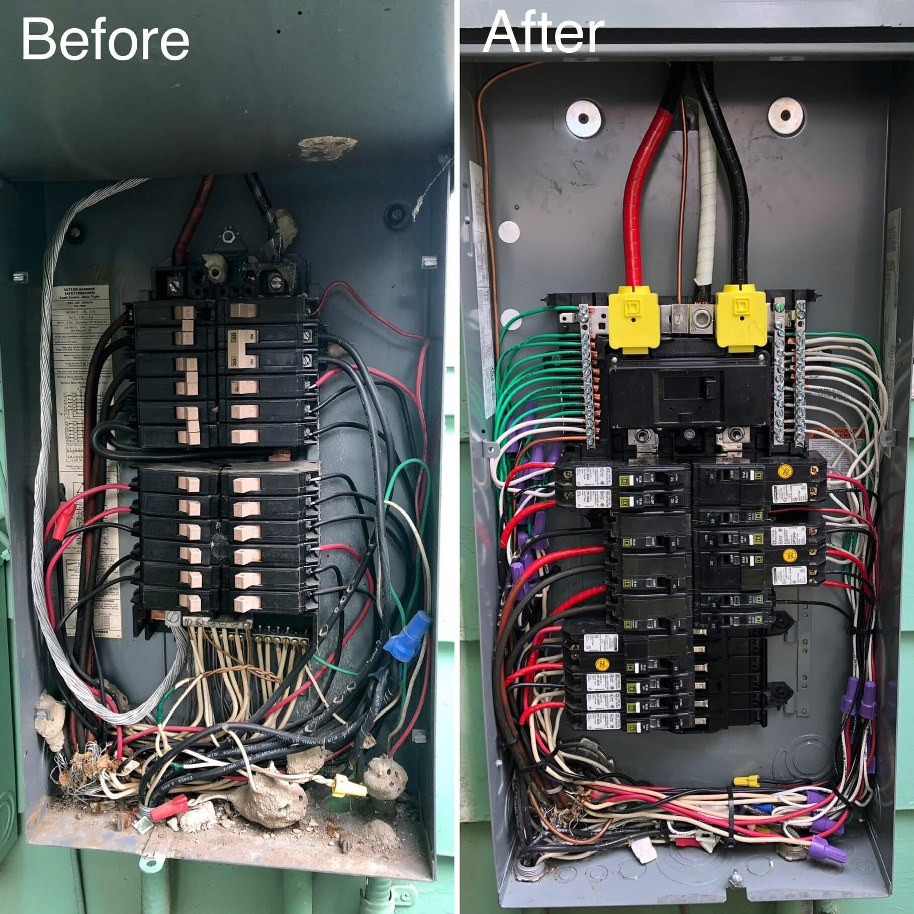 Before and after shots of an electrical panel. The “before” panel is cluttered with wires. The “after” panel is neatly organized.