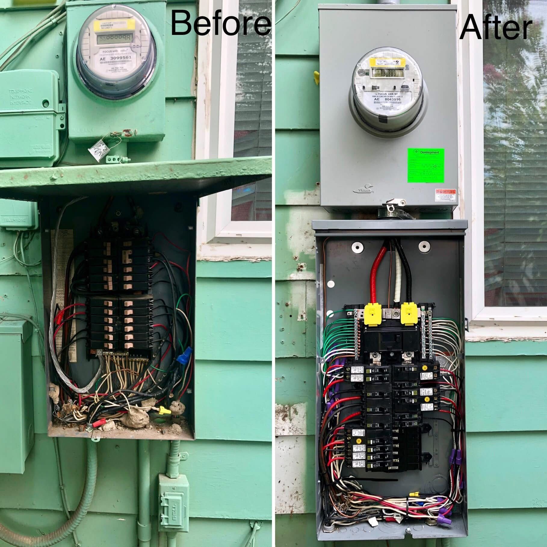 Comparison of electrical panel before and after renovation. The 