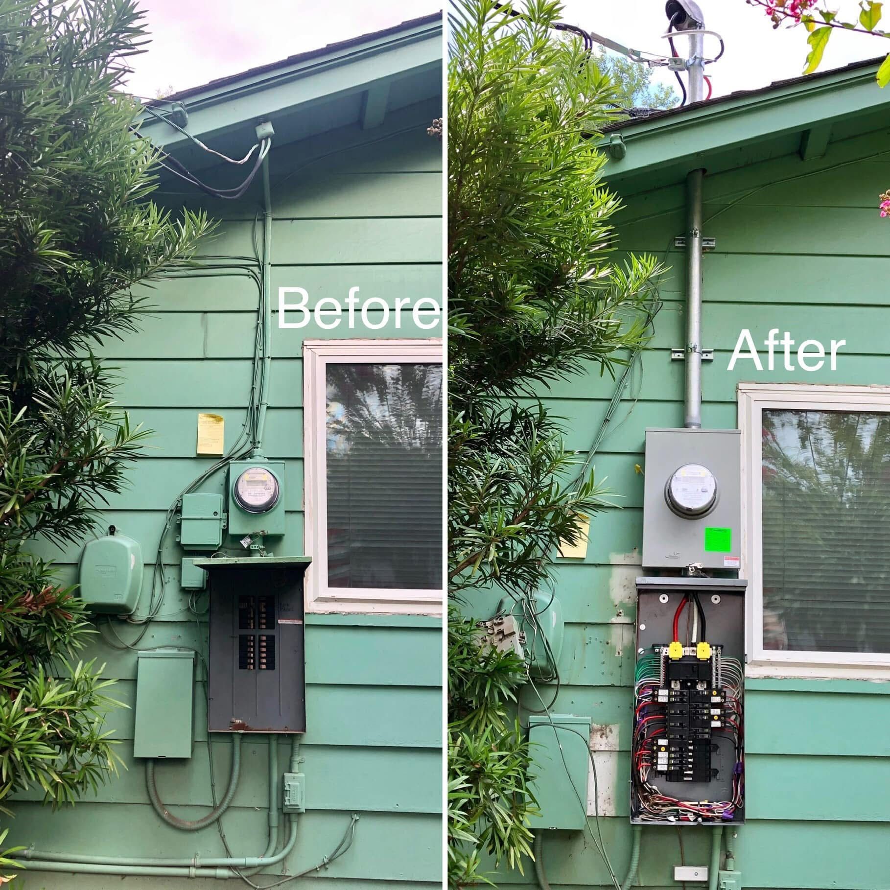 Comparison: Electrical panel upgrade on a teal house. Before shows old panel; after, a new, metallic panel with conduit.