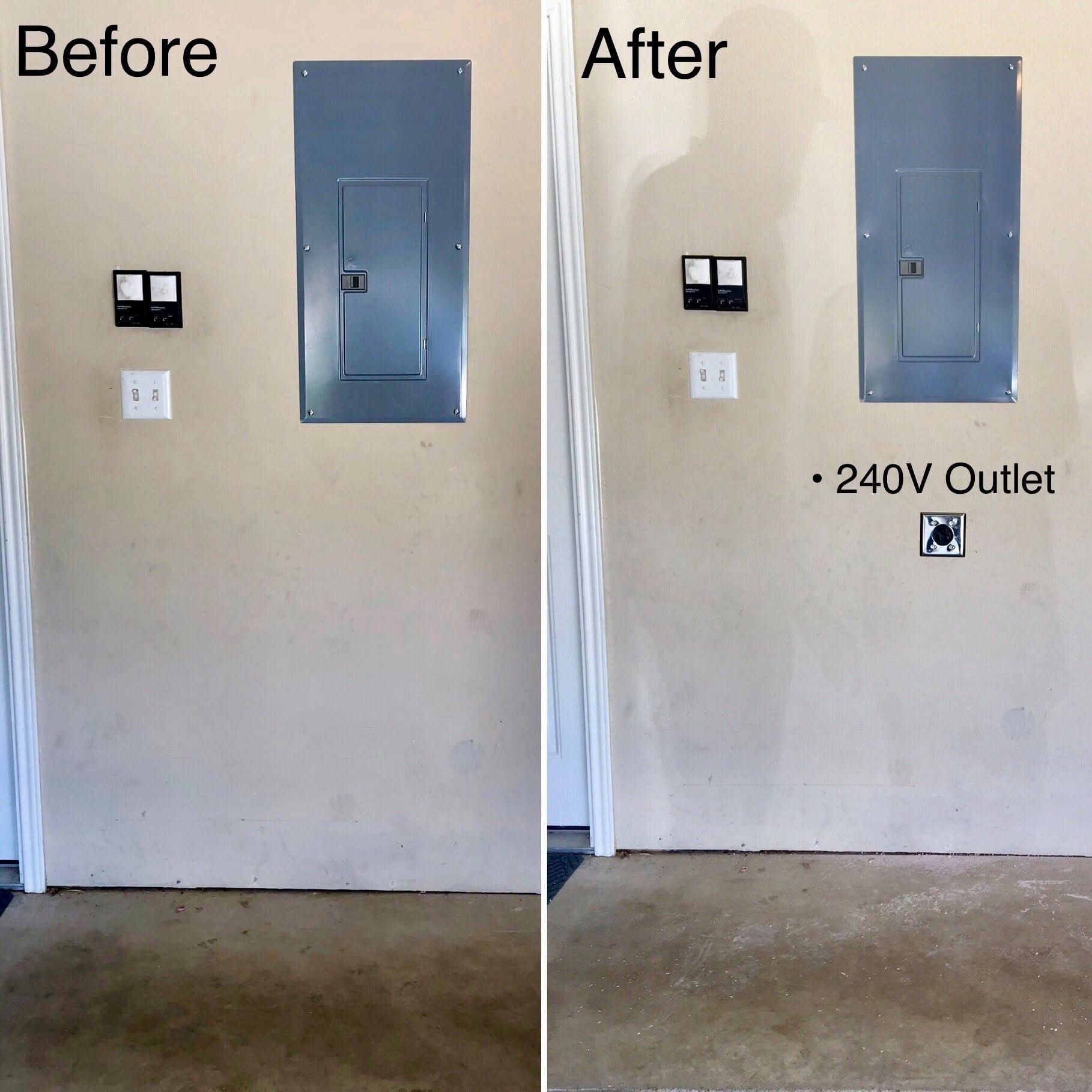 Before and after photos show a wall with an electrical panel, outlet, and a newly installed 240V outlet.
