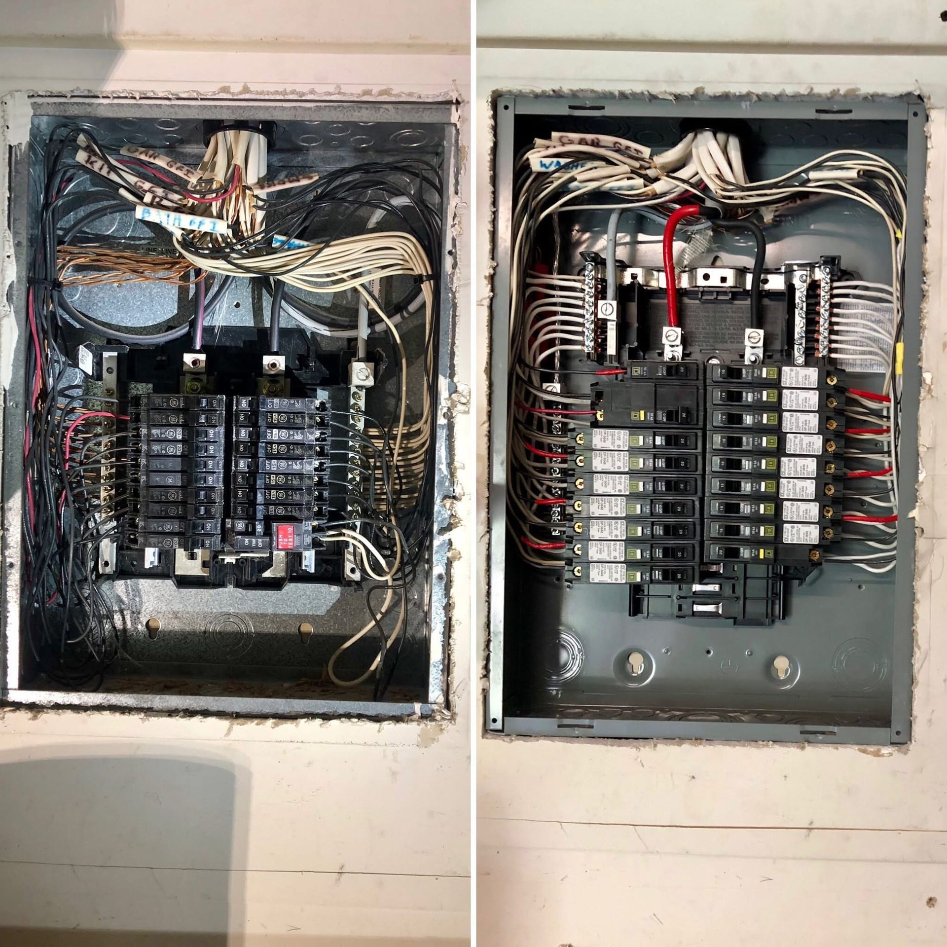 Two electrical panels, one before, one after, showing wiring, breakers, and a metallic enclosure.