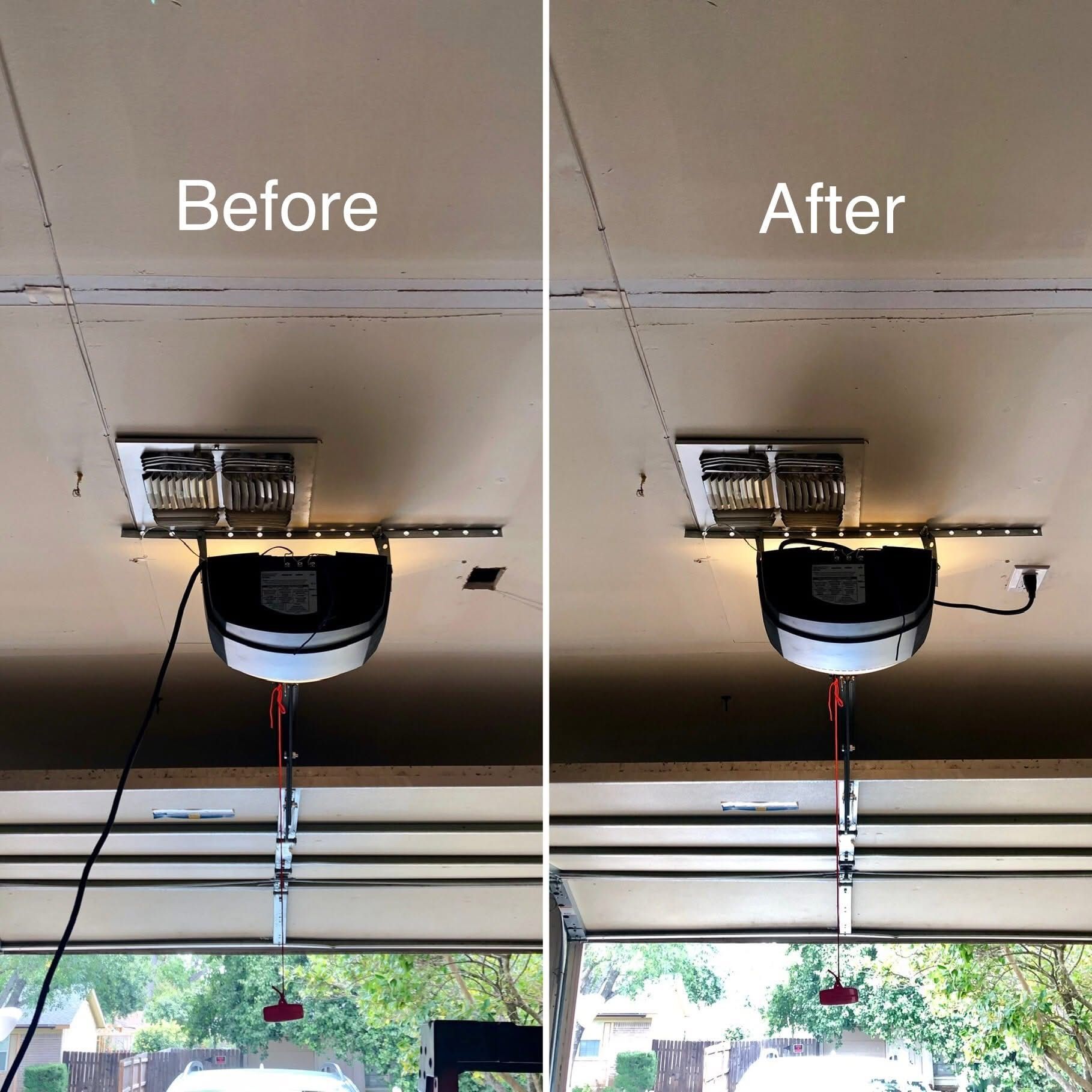 Comparison of garage door opener wiring before and after being tidied up.