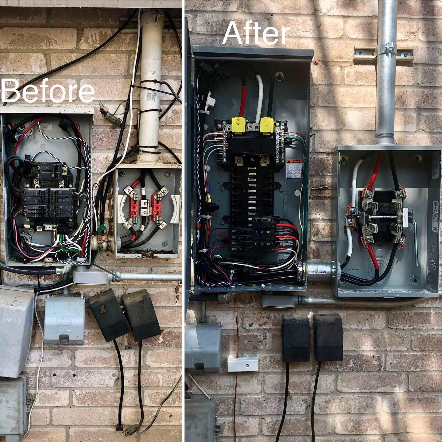 Before and after of an outdoor electrical panel upgrade. Wires and components are neatly organized.