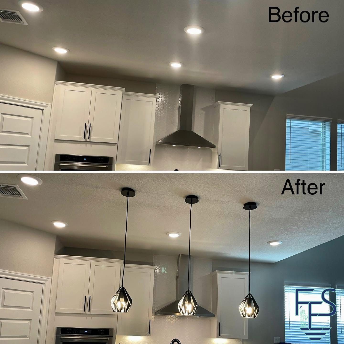 Kitchen remodel comparison: Top shows existing recessed lights, bottom shows pendant lights added.
