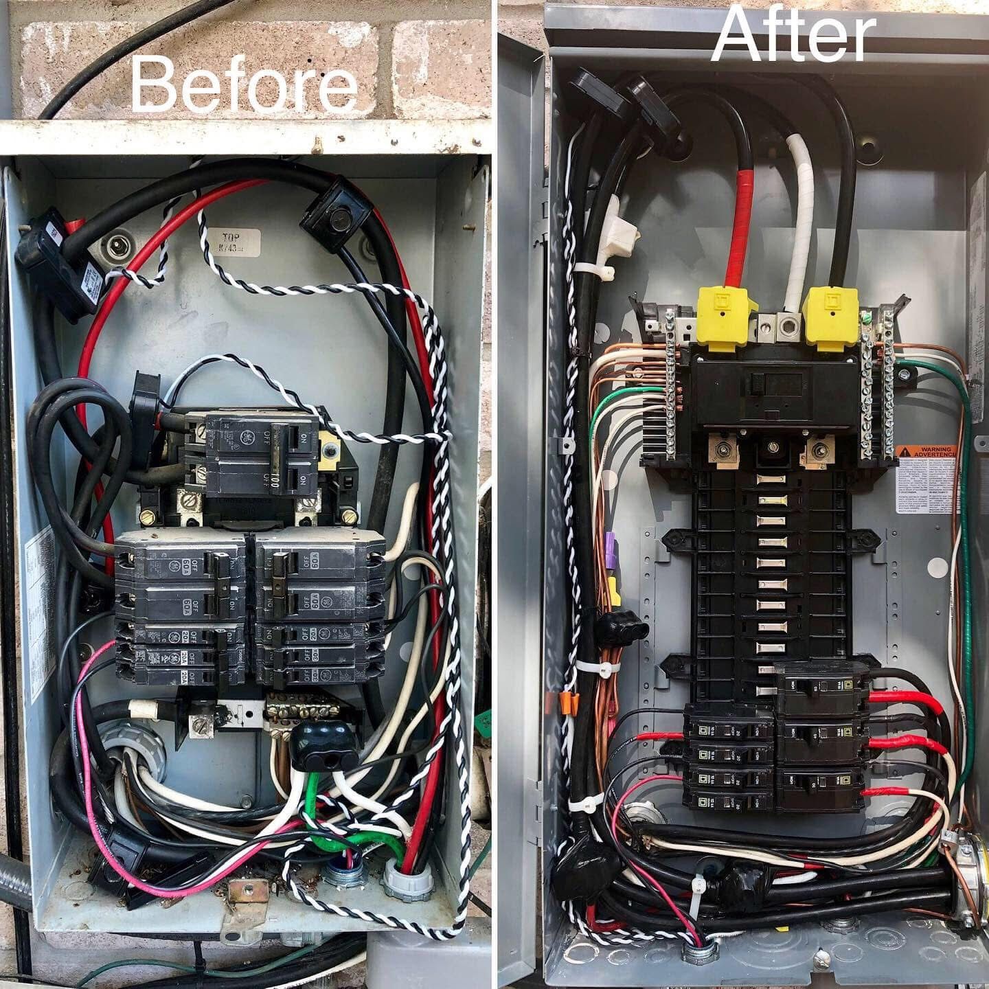 Before and after photos of an electrical panel; messy wires are replaced by neatly organized ones.