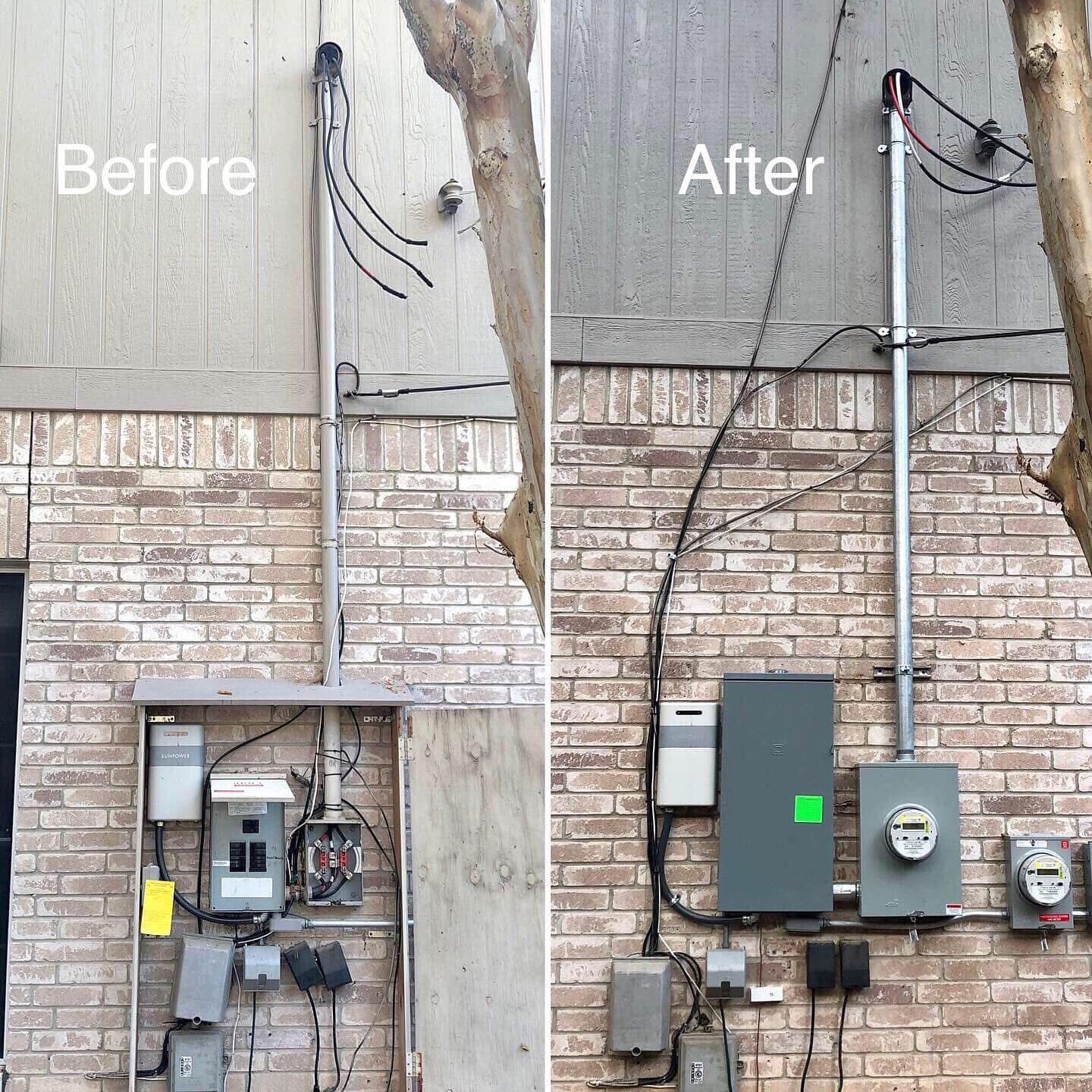 Before and after photos show electrical service upgrades on a brick building exterior.