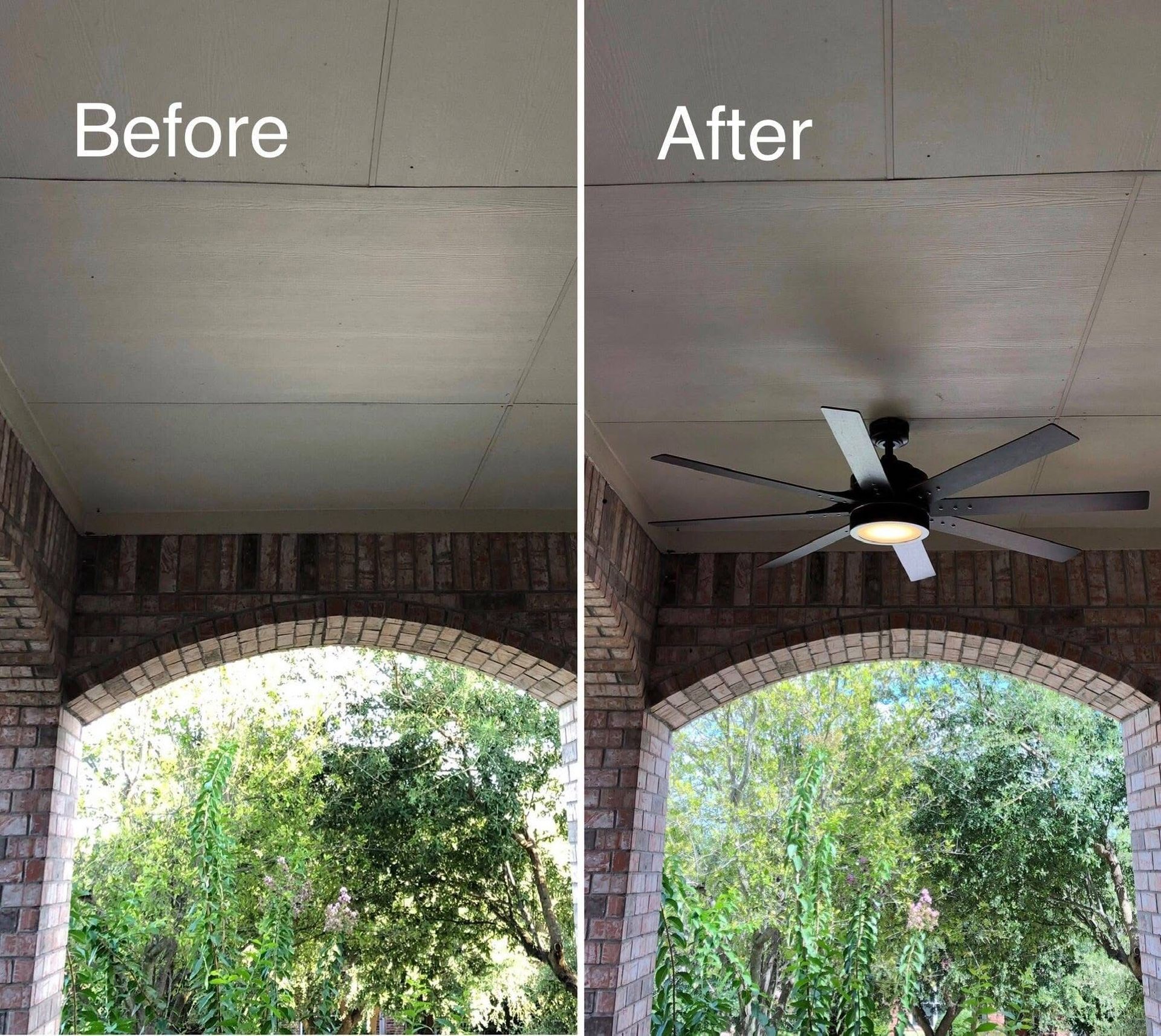 Before and after photos: ceiling before and after installation of a black ceiling fan with light in a brick arched patio.