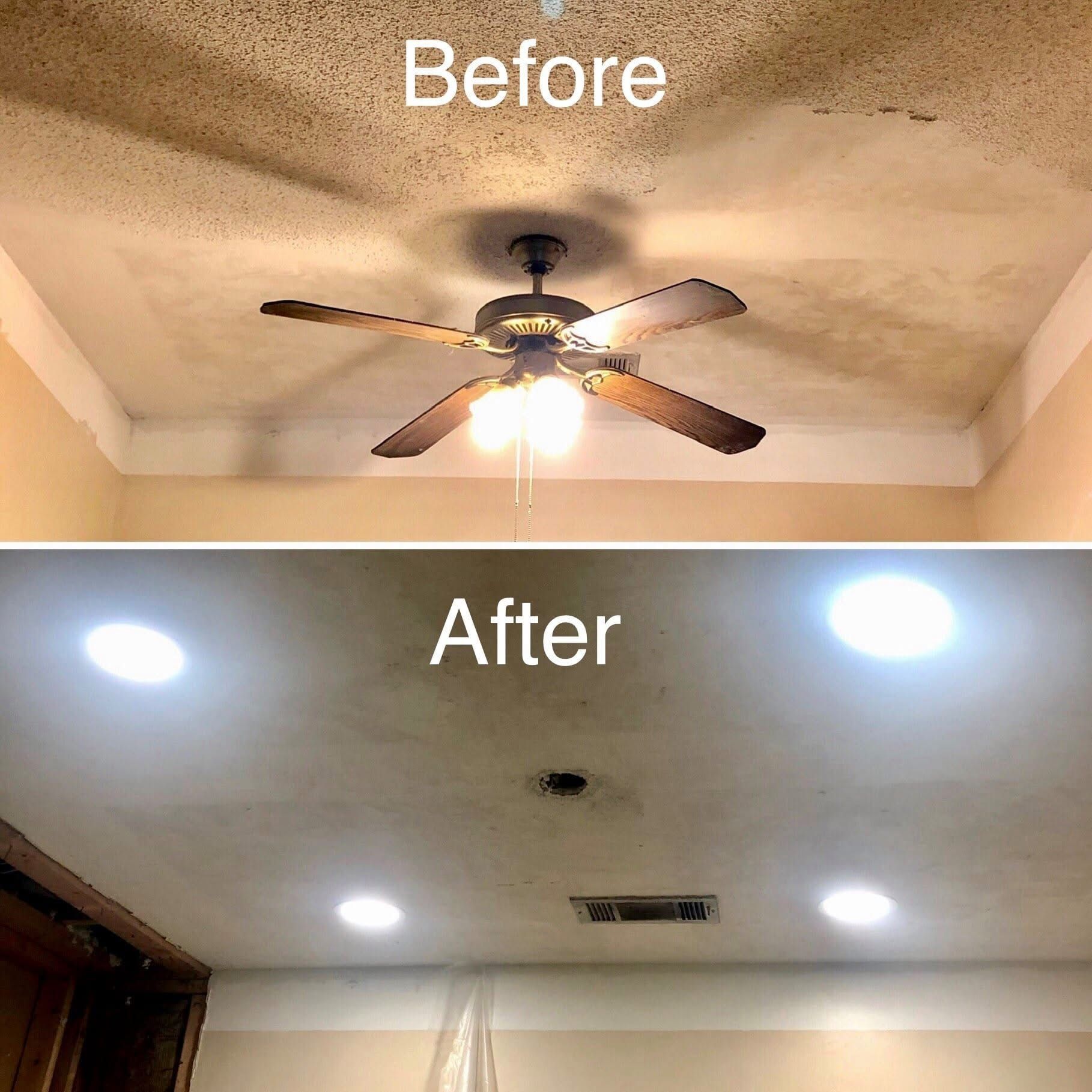 Ceiling before and after renovation. The 