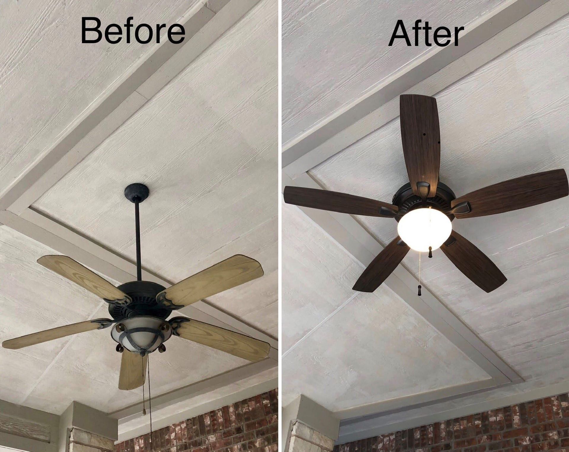 Ceiling fan before and after: original fan is tan, new fan is dark brown with a light.