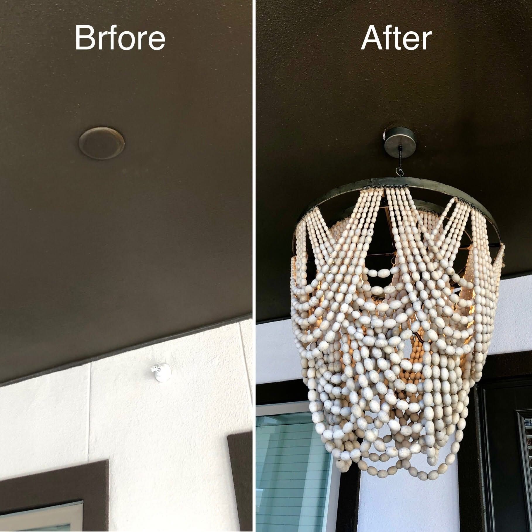 Before and after ceiling comparison: a recessed light replaced by a beaded chandelier.