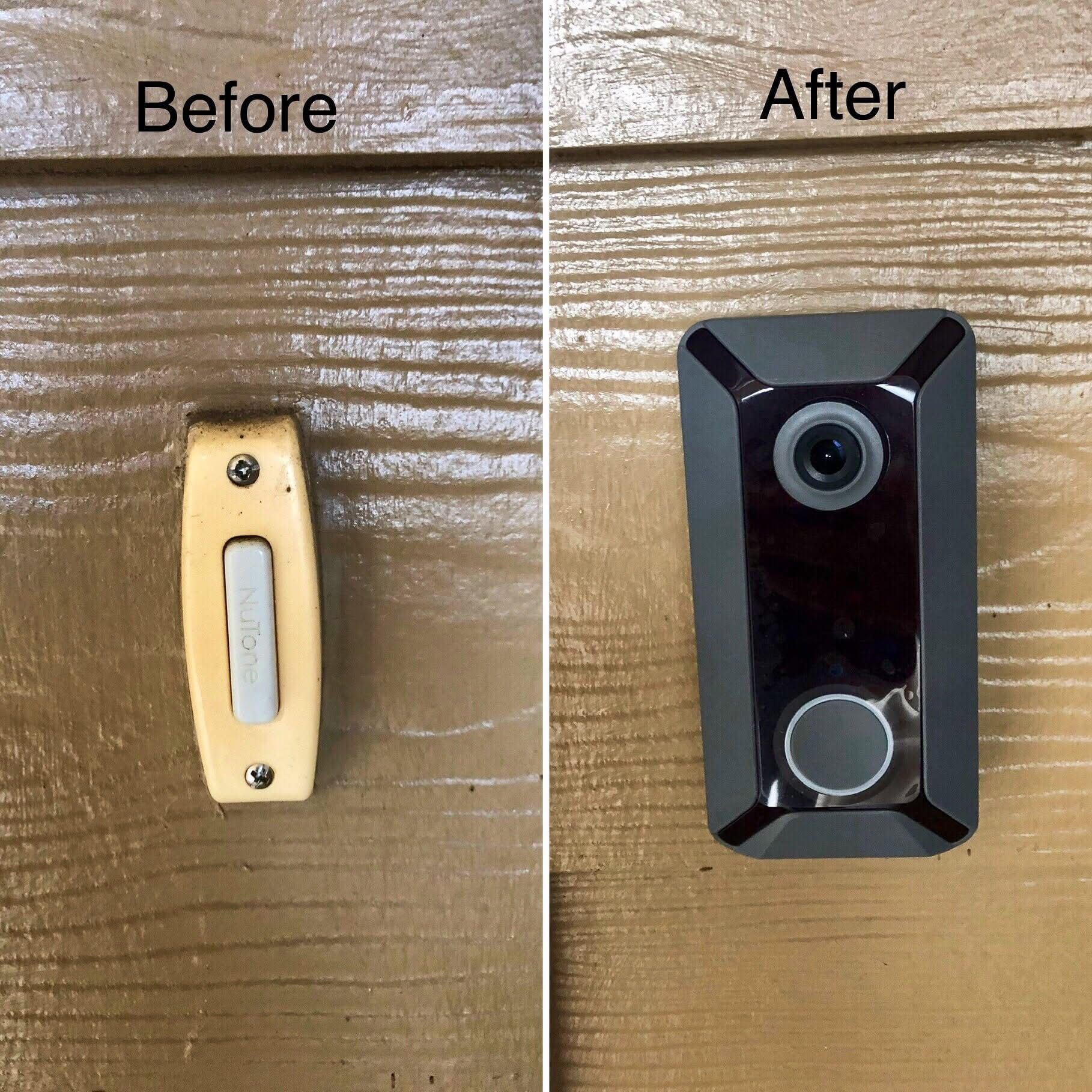 Before-and-after of a doorbell replacement. Old, weathered button replaced with a modern, dark-colored camera-enabled doorbell.