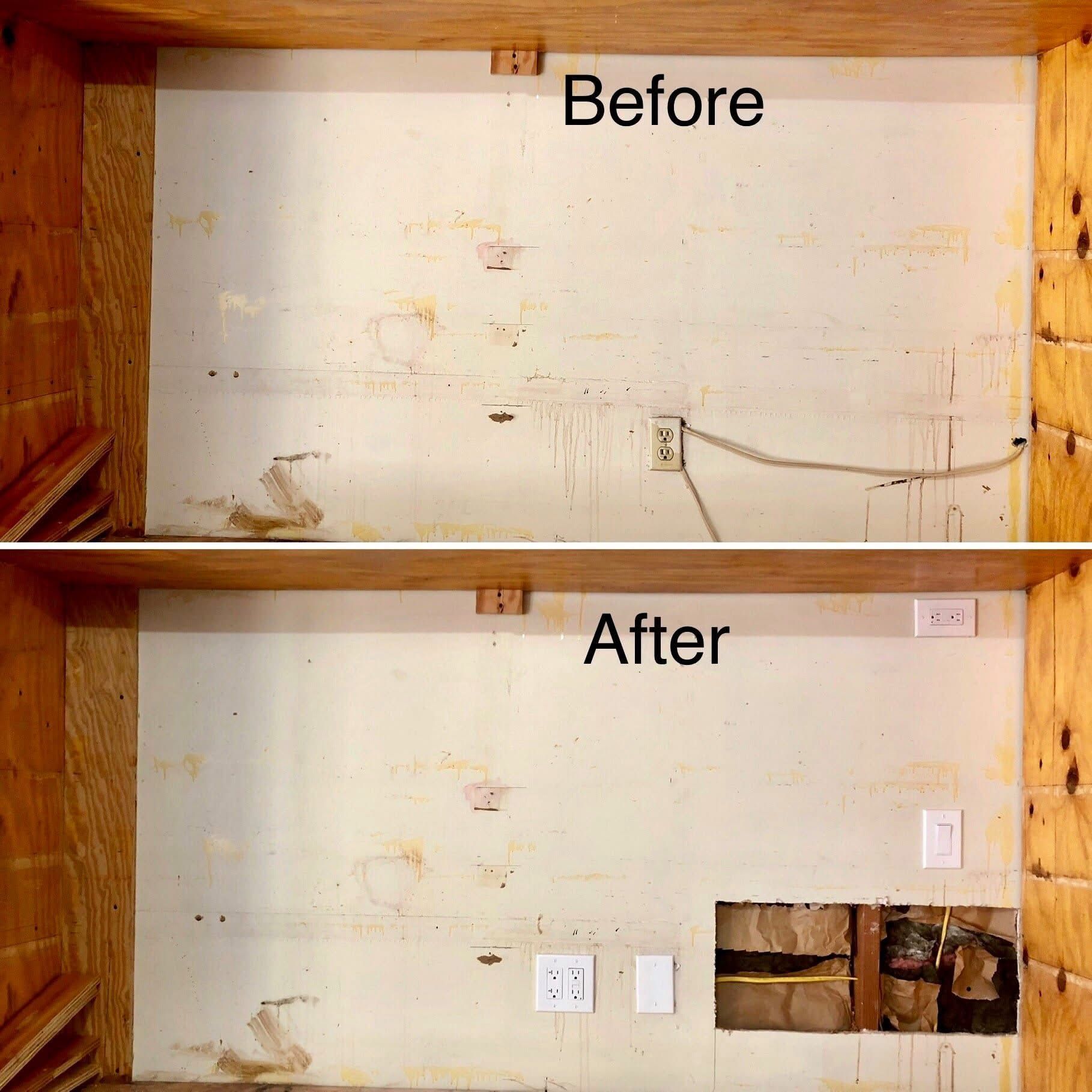 Comparison of a basement wall before and after repair, showing electrical outlets and an exposed section of wall.