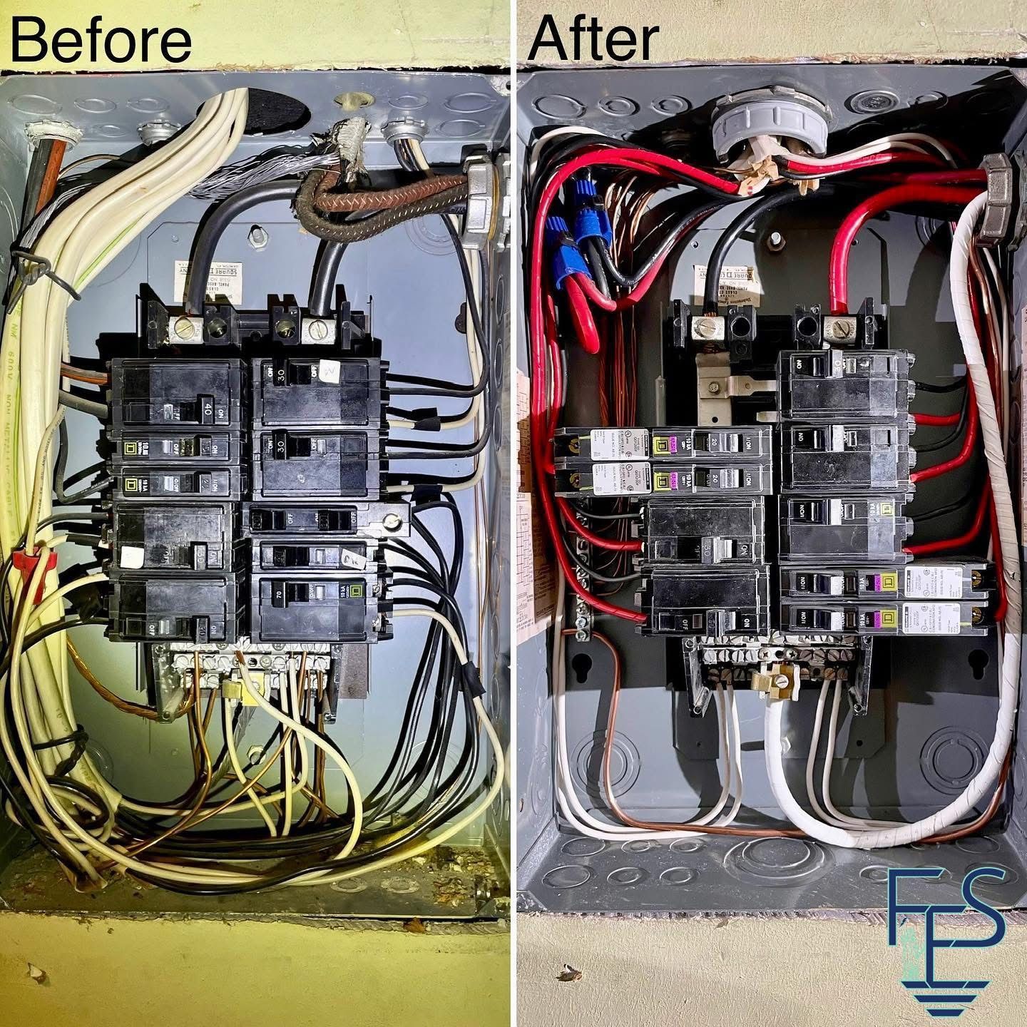 Electrical panel, before and after. Chaotic wiring is cleaned up, with red, white, and black wires now neatly arranged.