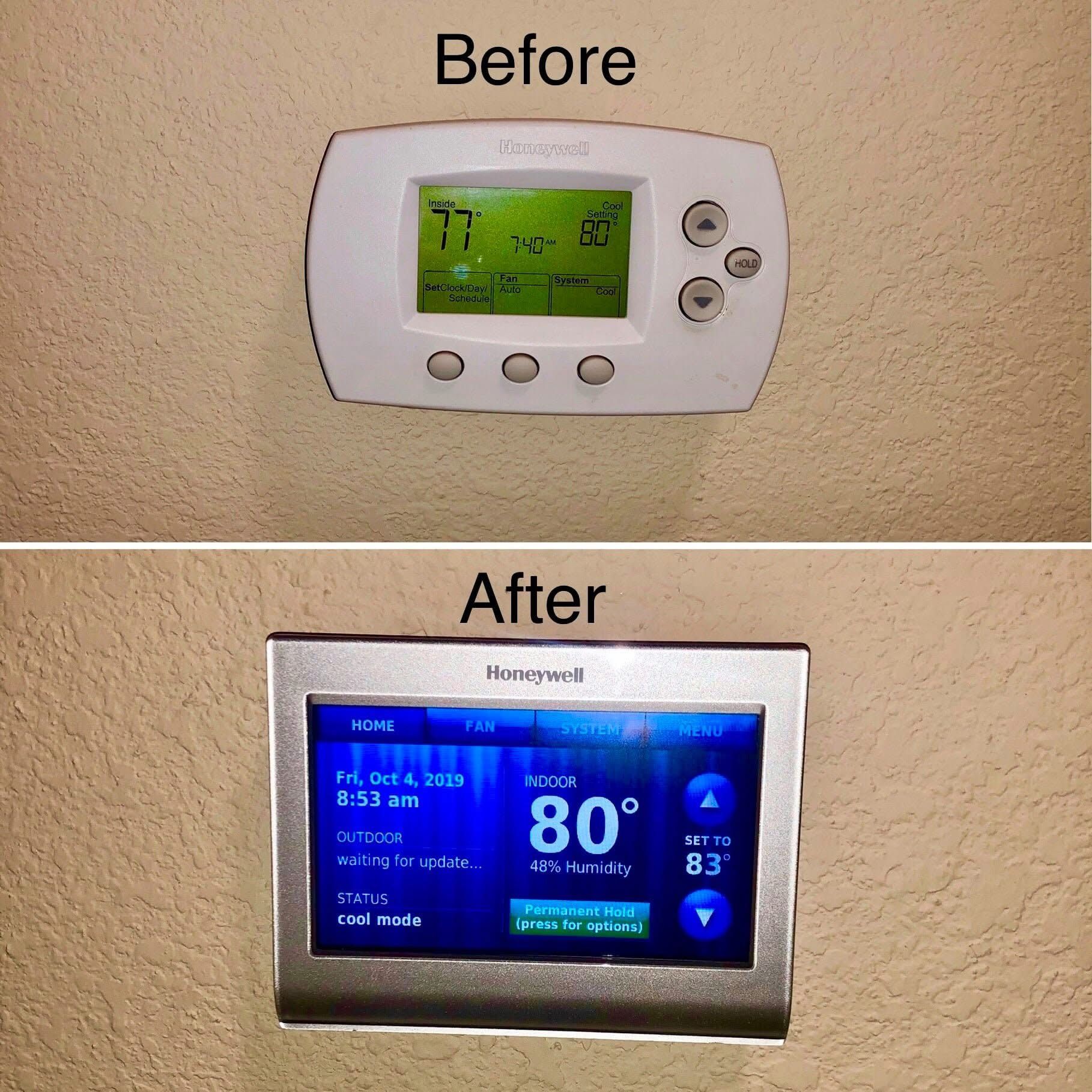 Before and after photos of a thermostat upgrade. The original is white, the new one is metallic with a blue screen.