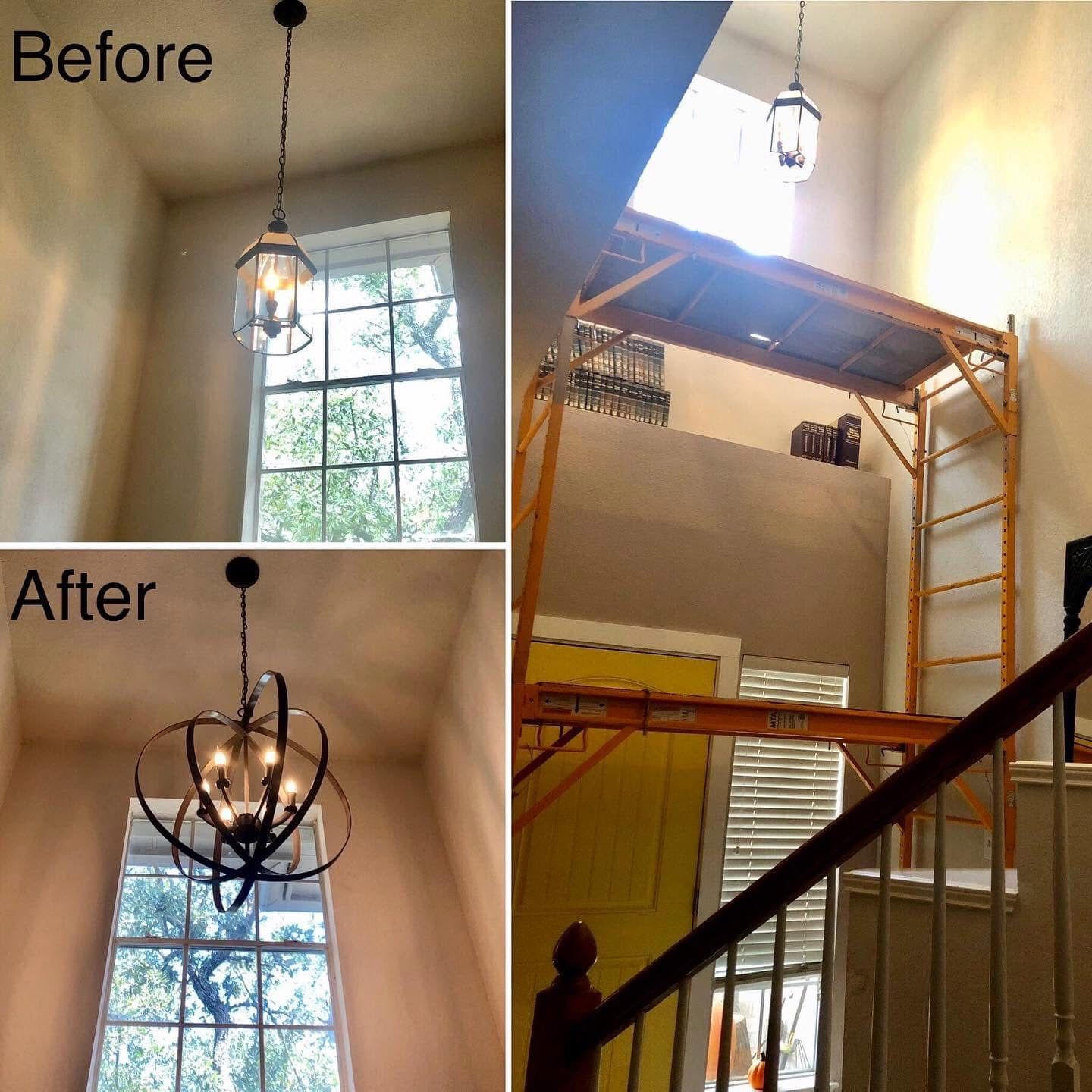 Before-and-after of a light fixture change in a stairwell. A new orb light replaces a lantern-style light. Scaffolding is visible.