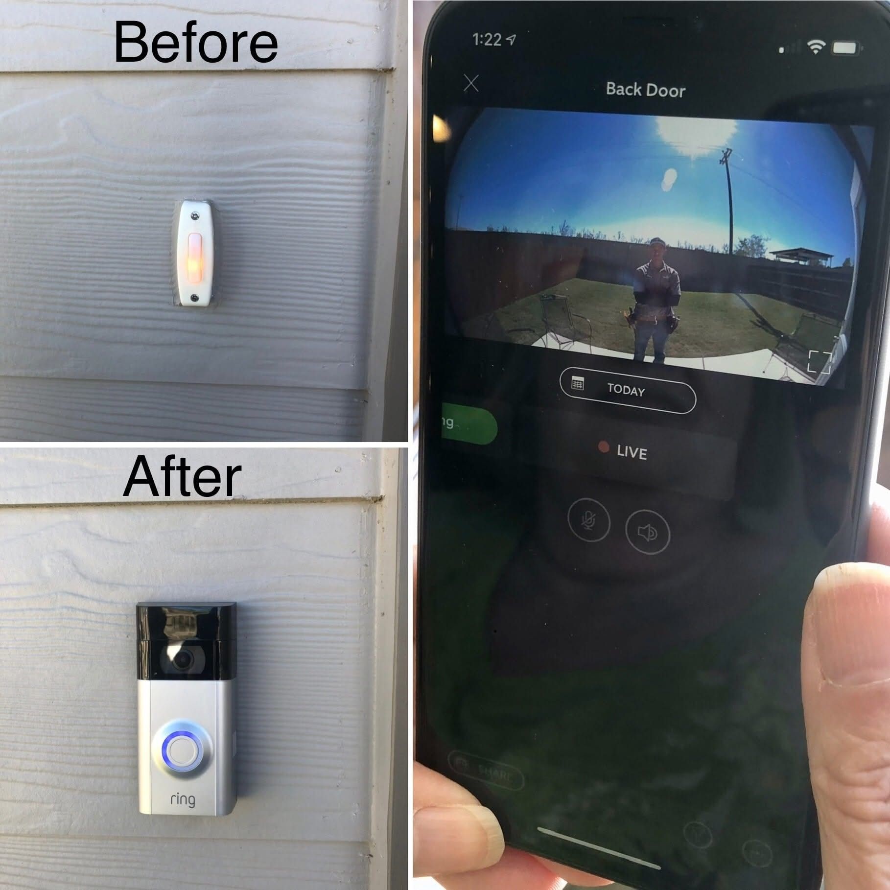 Before/After comparison: old doorbell vs. smart doorbell with phone showing live video feed of person outdoors.