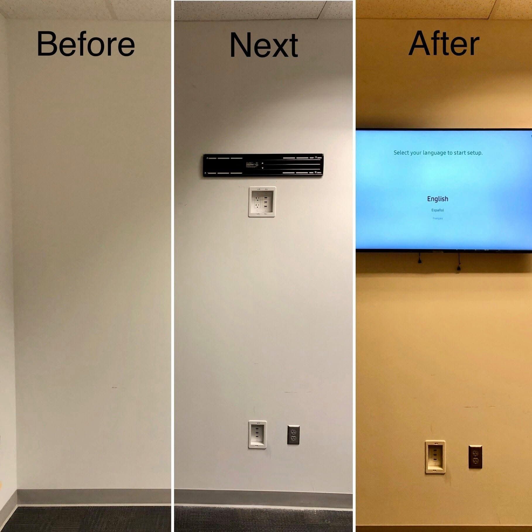 Three-panel progression of a wall: empty (before), with installed electronics (next), and with a mounted TV (after).