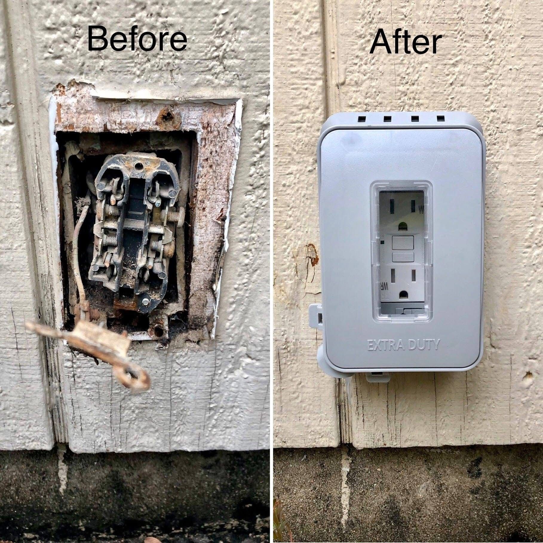 Comparison of an outdoor electrical outlet before and after replacement. Before: damaged outlet and siding. After: new weatherproof box.