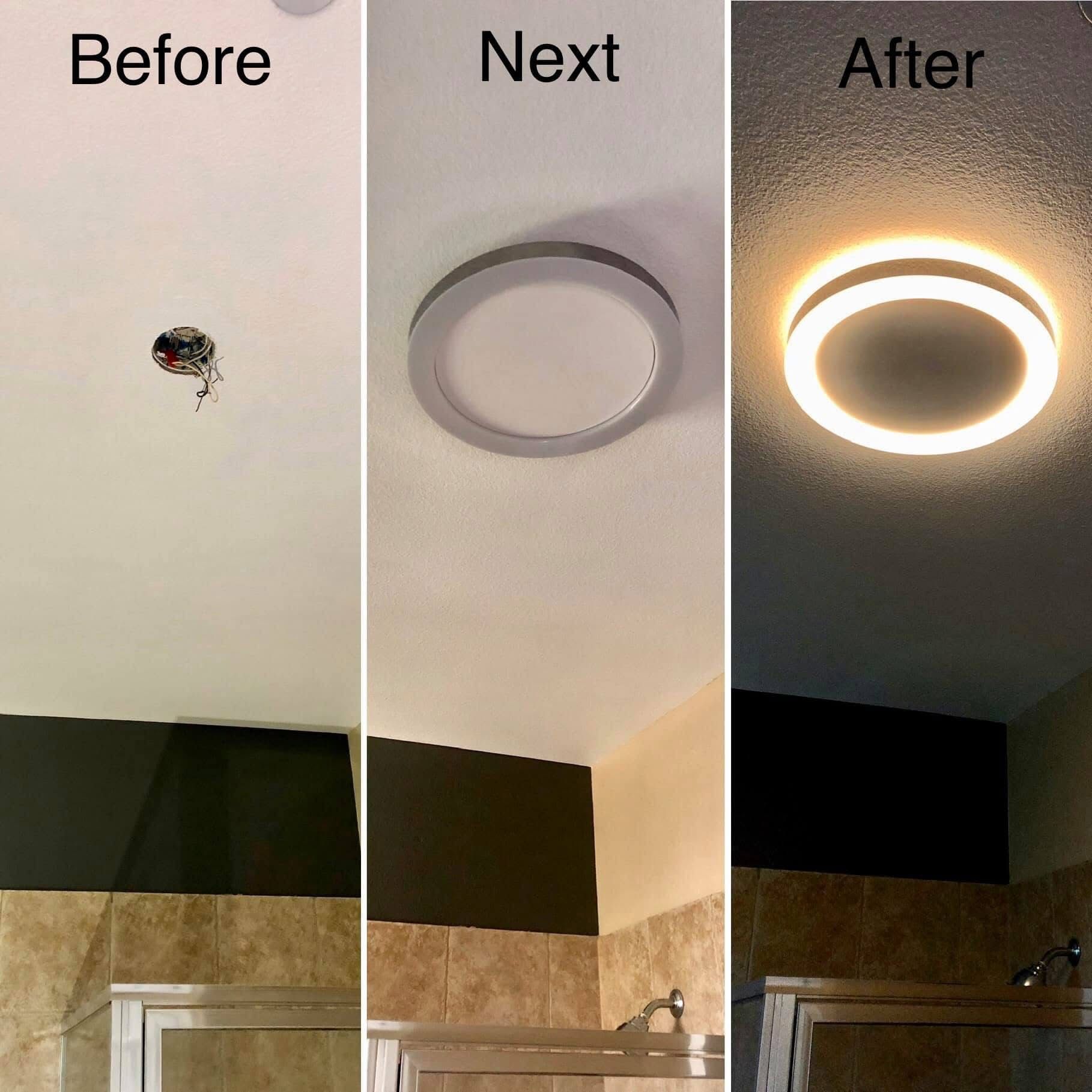 Three-panel sequence showing a new circular LED ceiling light installation. The before shows wiring. Next is installation. After: lit light.