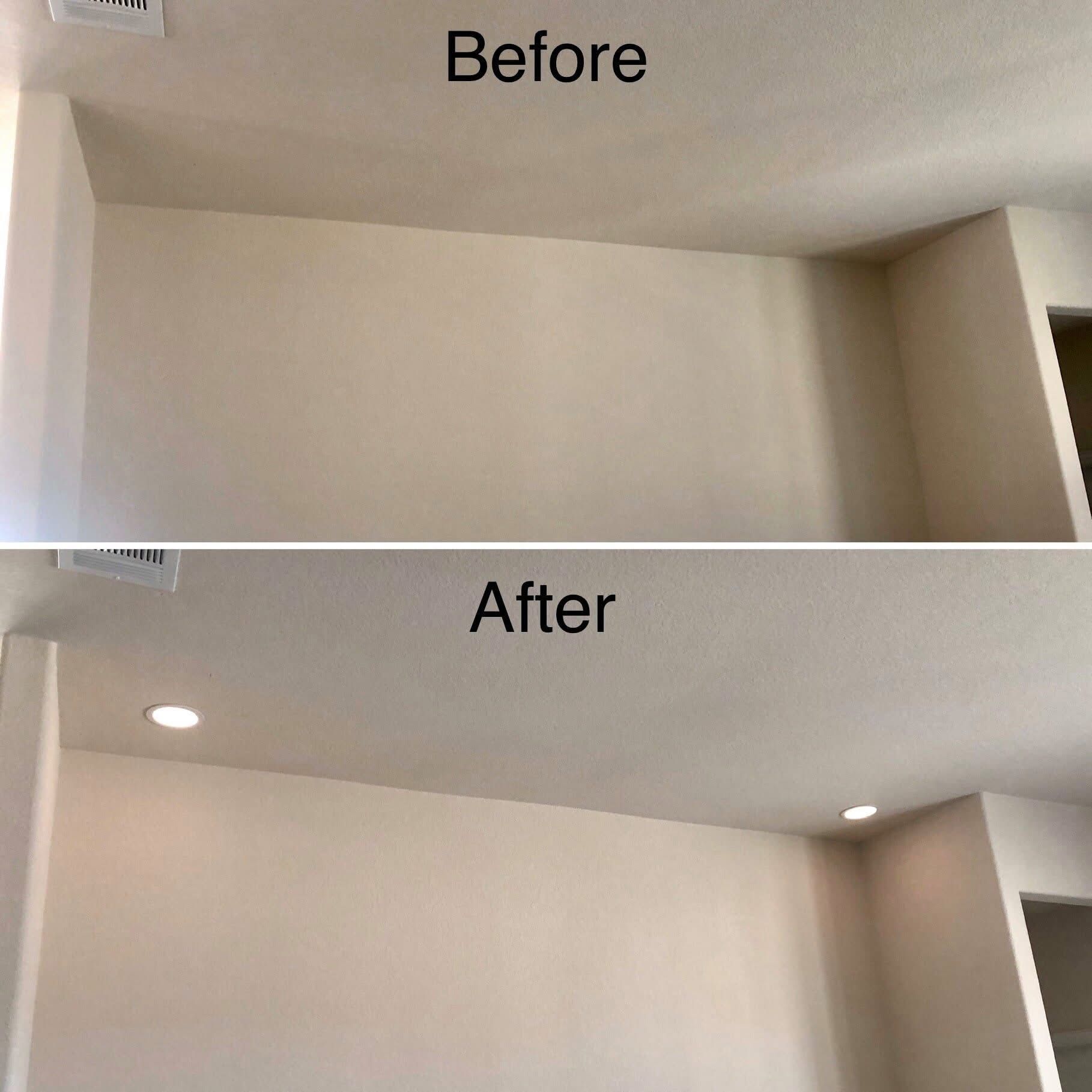 Comparison of room ceiling before and after recessed lighting installation.