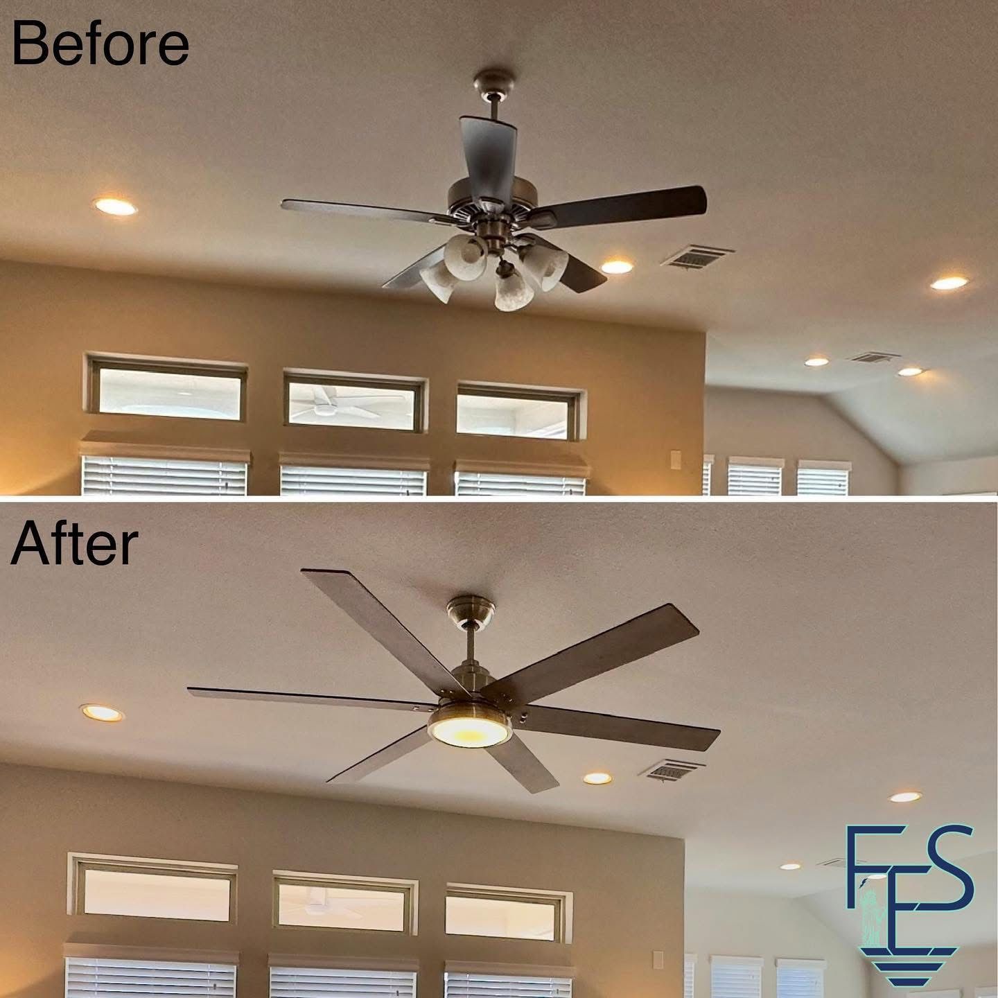 Comparison of a ceiling fan replacement. The before fan has a light kit and multiple blades. The after is a modern fan.