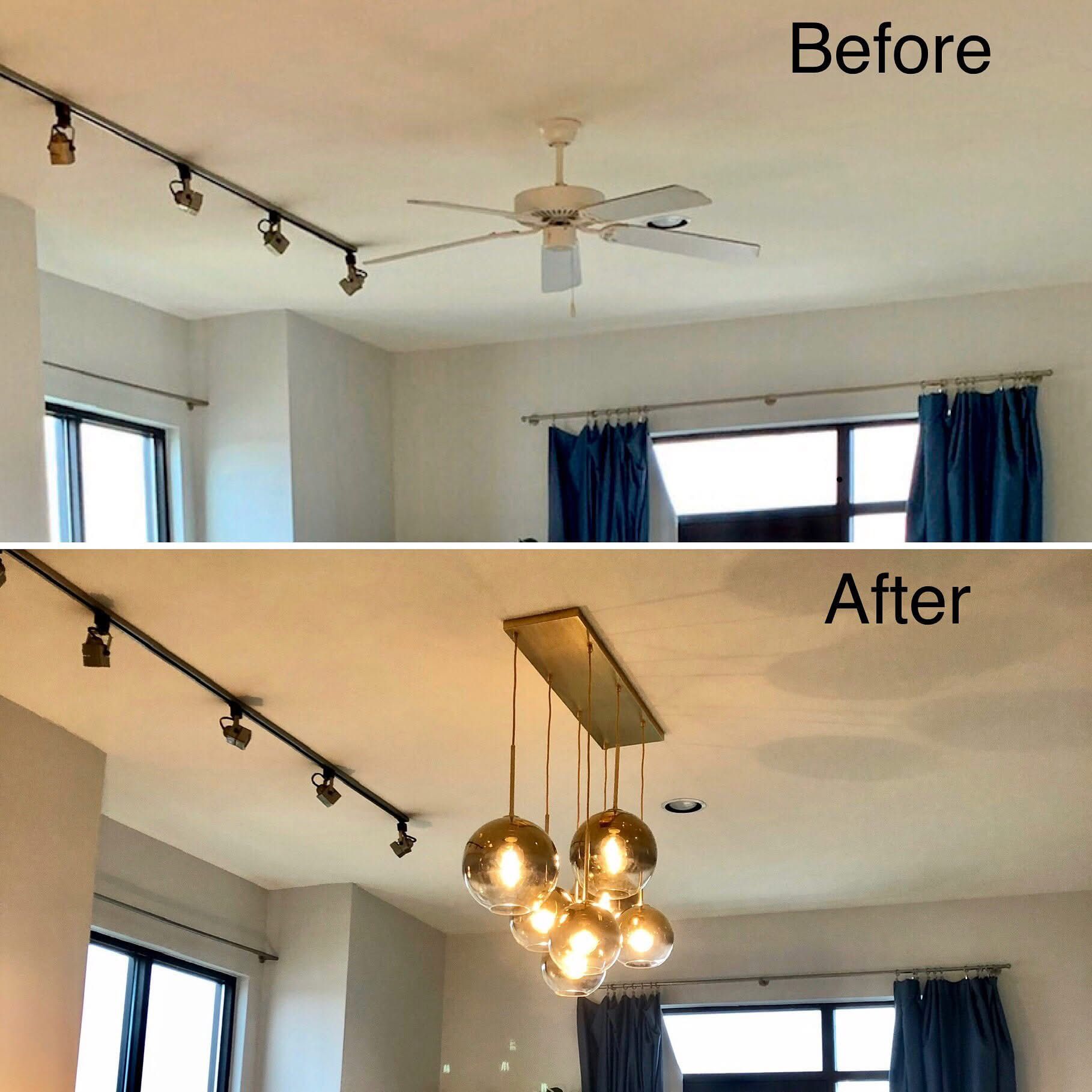 Ceiling before and after: white fan replaced with hanging globe lights. Track lighting and windows are visible.