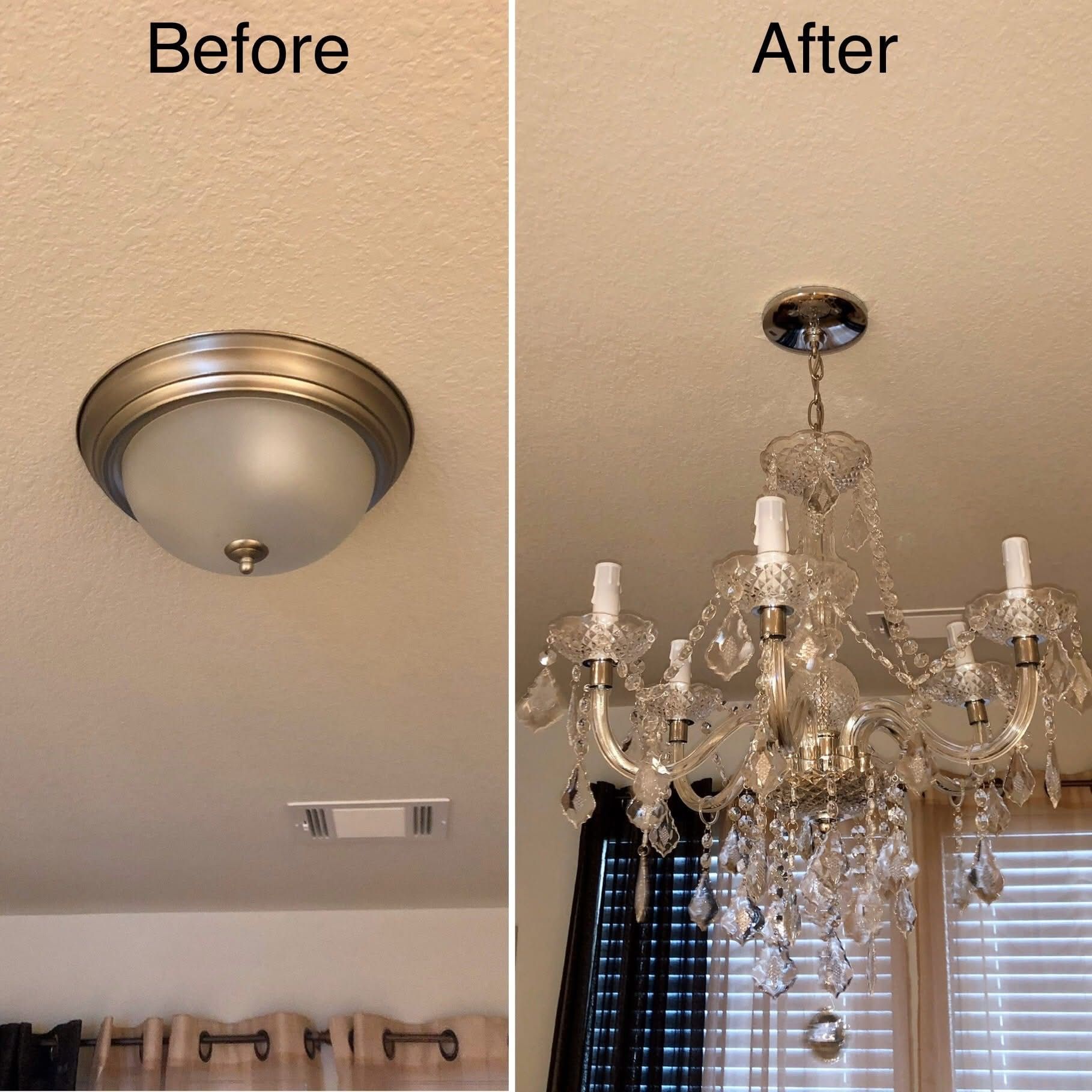 Before-and-after of ceiling lights: a dated flush mount replaced by a crystal chandelier.