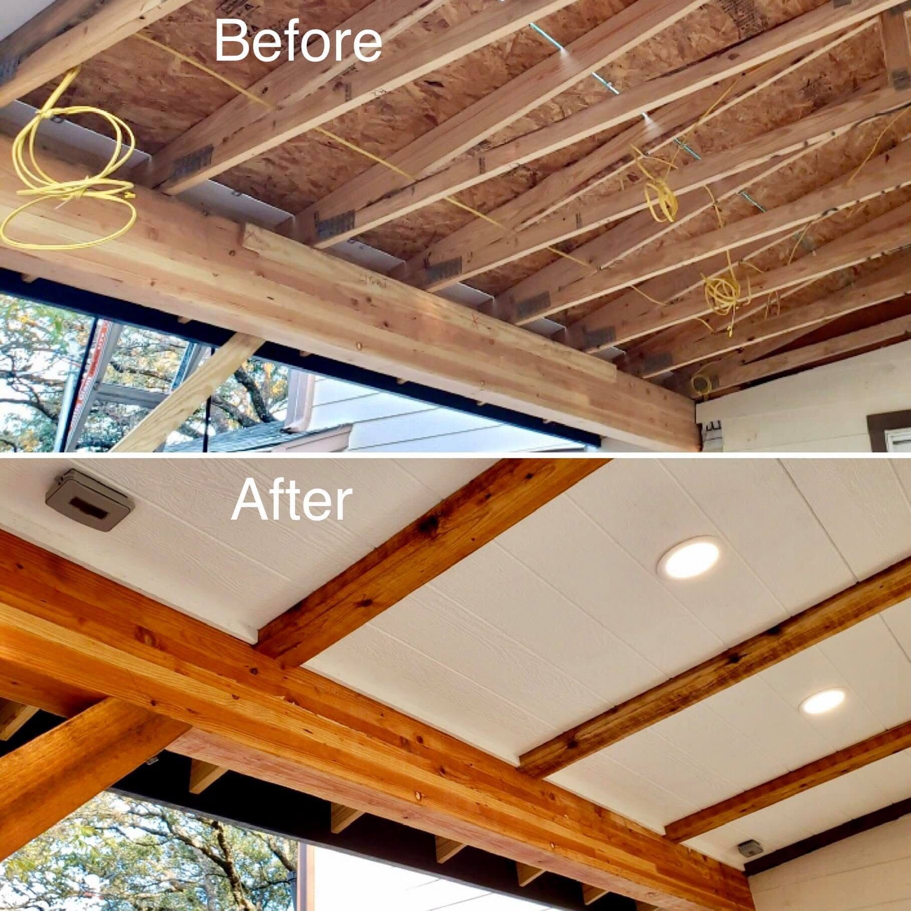 Ceiling renovation before/after. Top shows unfinished beams and wiring; bottom, finished beams, white panels, recessed lights.