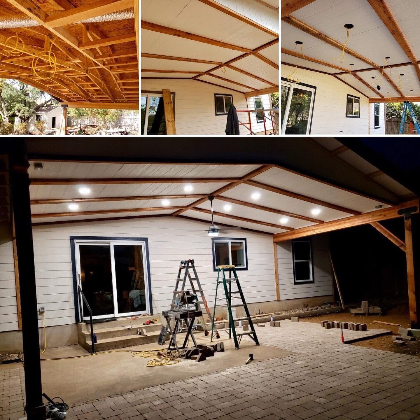 Composite view of a patio cover construction. Wooden beams, recessed lights, and white ceiling panels installed on a house exterior.
