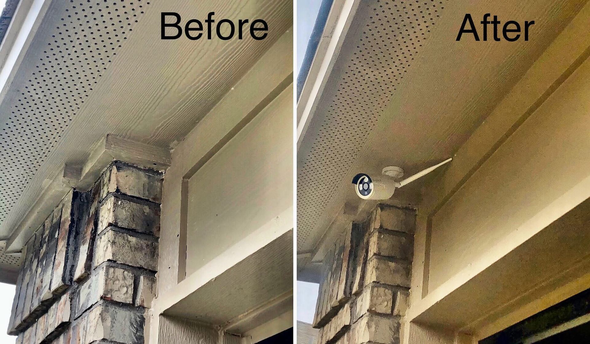 Comparison of house eave before and after security camera installation. Beige trim, brown stone.