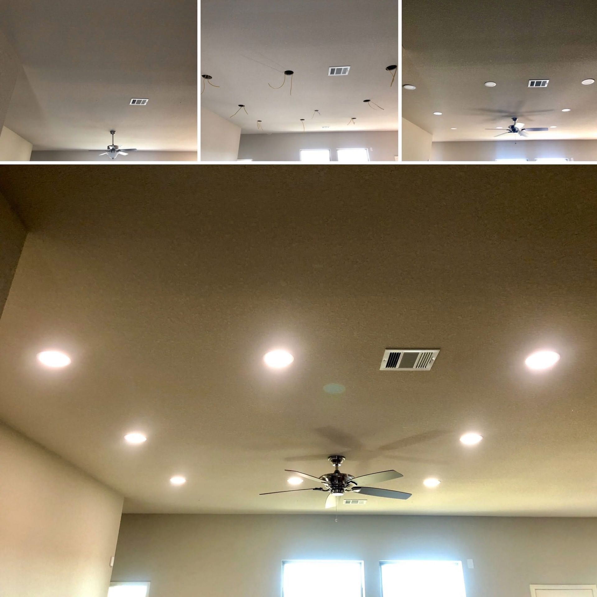 Ceiling with recessed lights before and after installation, with a ceiling fan and windows visible.