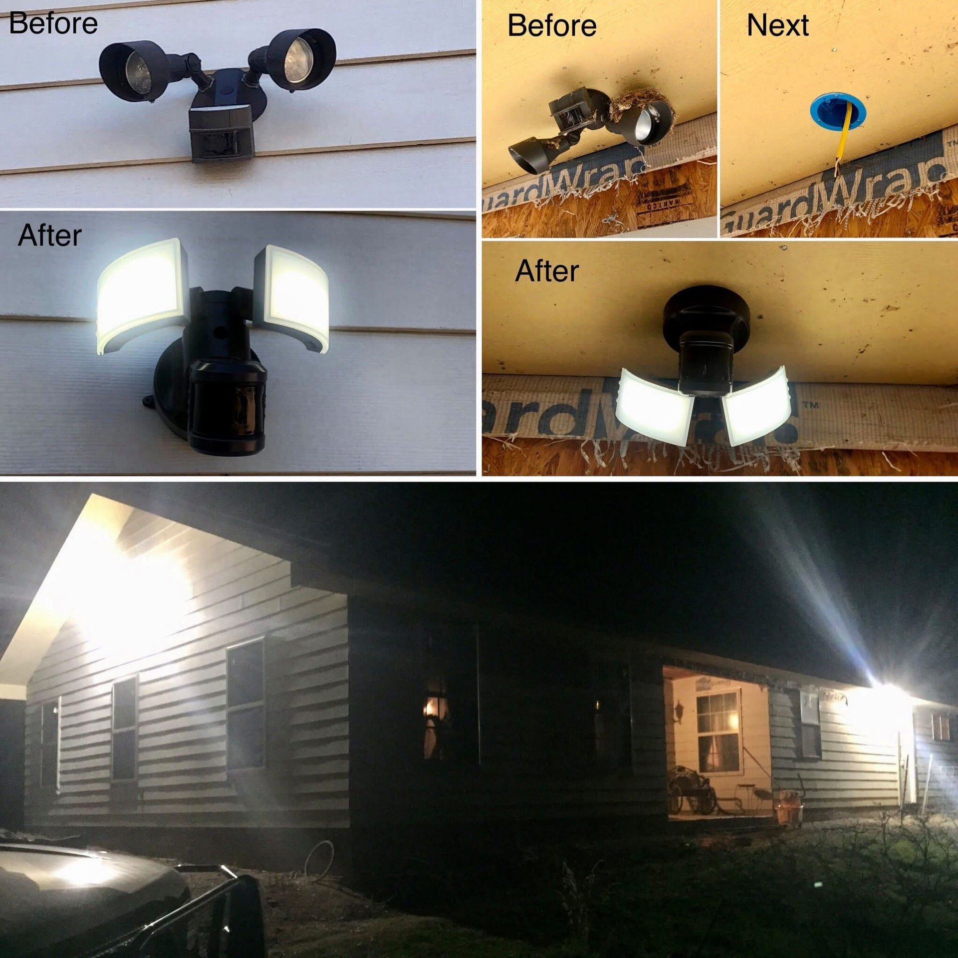 A security light installation showing a before and after comparison, plus the lit house at night.
