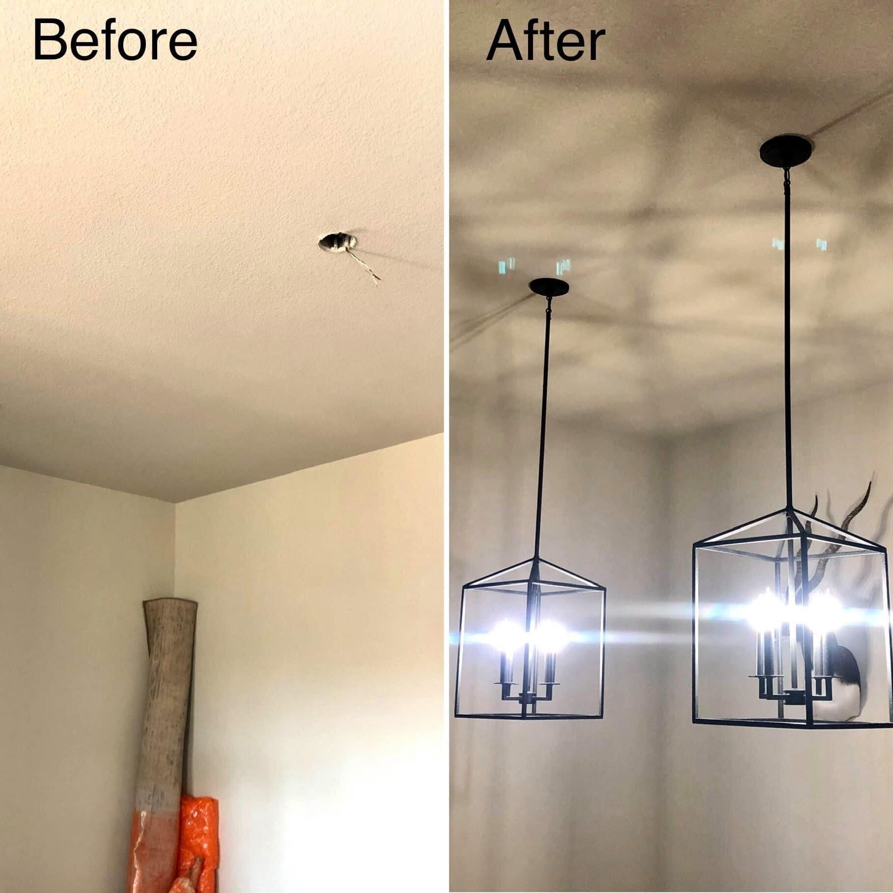 Before/after comparison: bare ceiling and corner versus two black pendant lights.