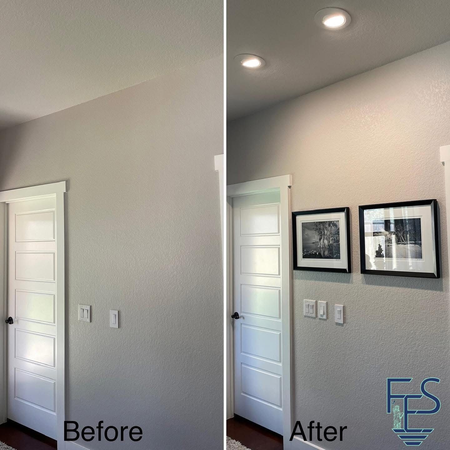 Two photos: a room with a white door and gray wall. Before photo: no lights on. After photo: recessed lights illuminate the wall with framed pictures.