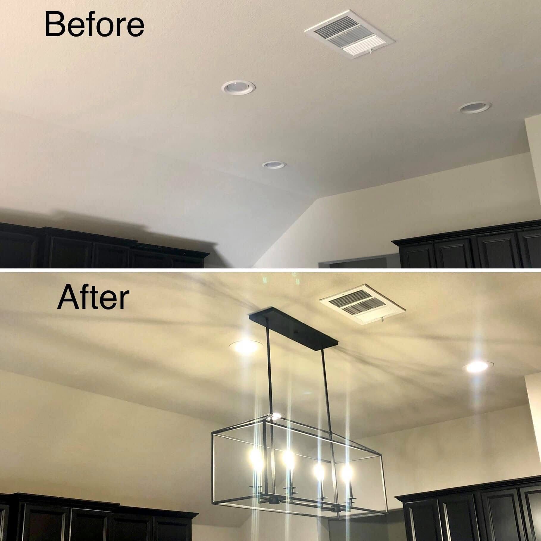 Ceiling with recessed lights before and after a new rectangular pendant light installation over a countertop.