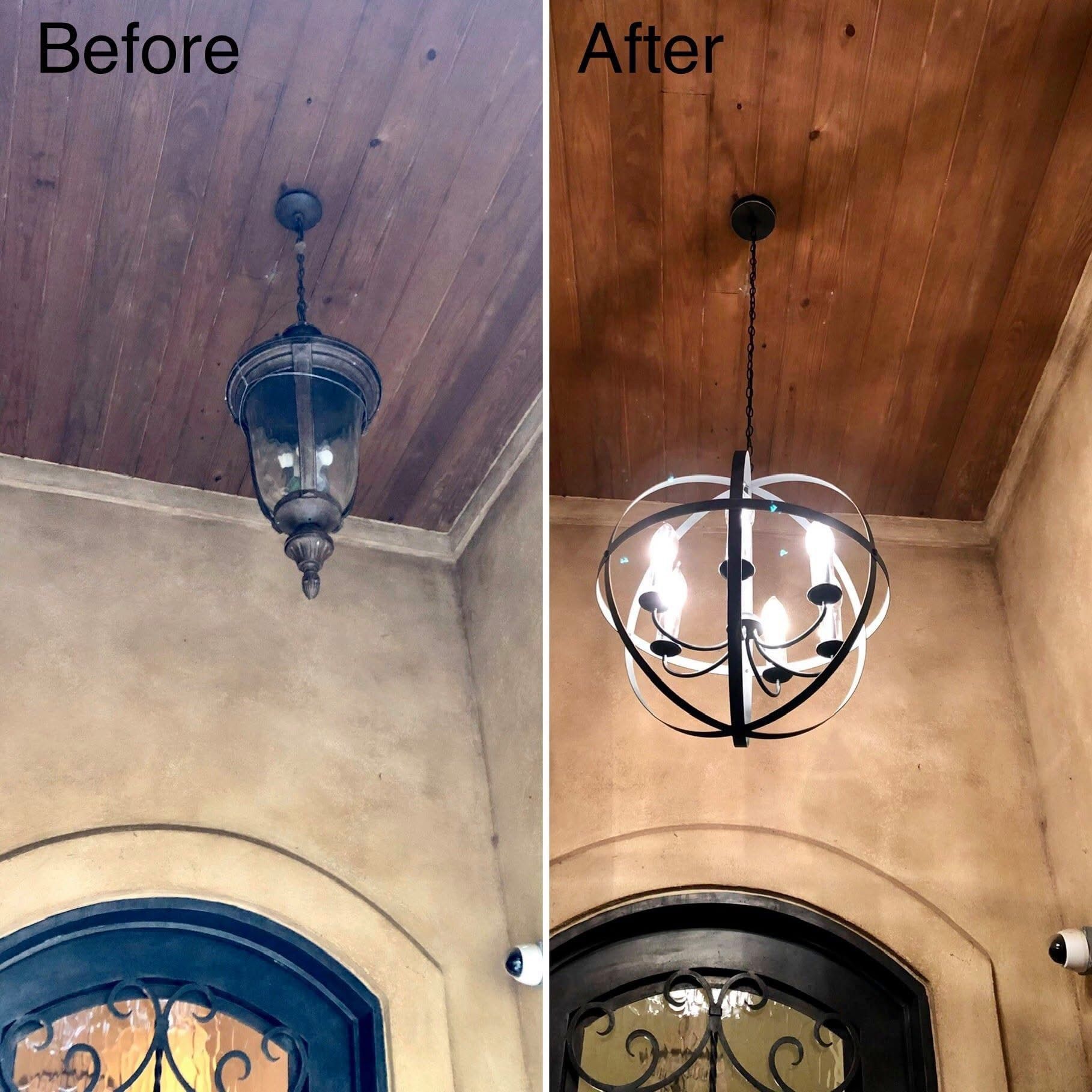 Before and after comparison of an outdoor light fixture. The 