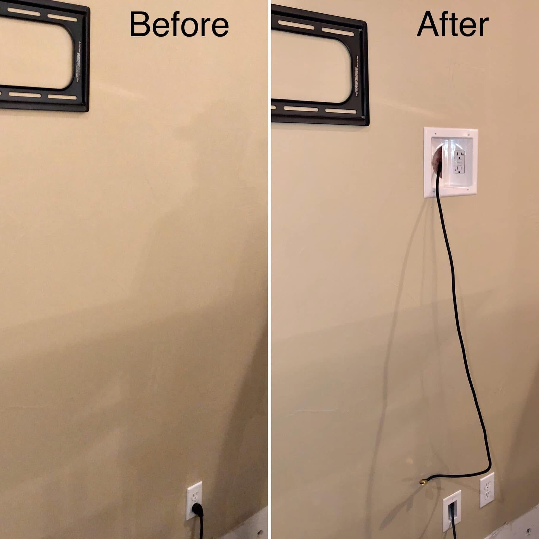 Side-by-side comparison of a wall before and after a recessed outlet installation. Tan wall; black cords.