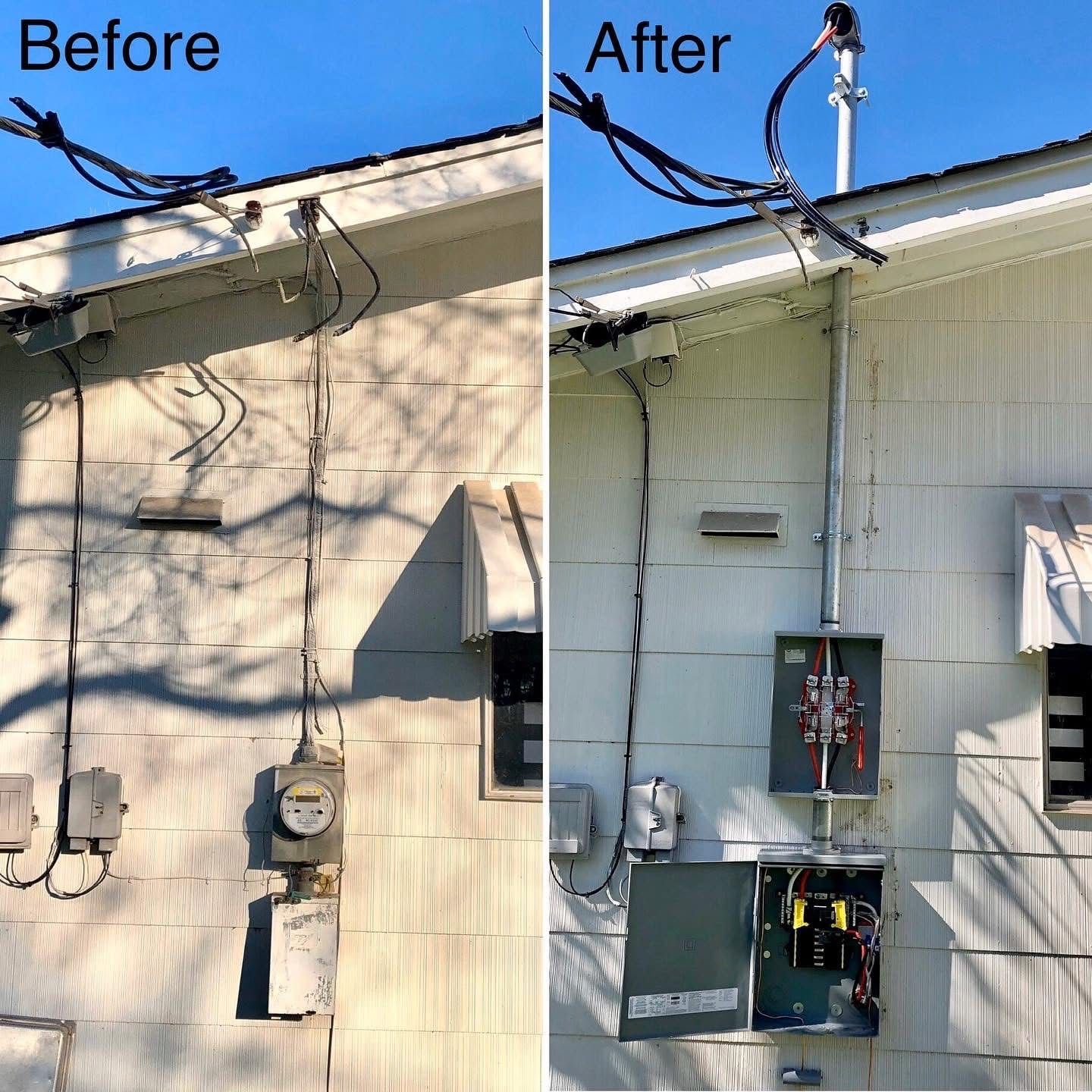 Before and after photos of exterior electrical panel upgrade on a house. New conduit and panel installed.
