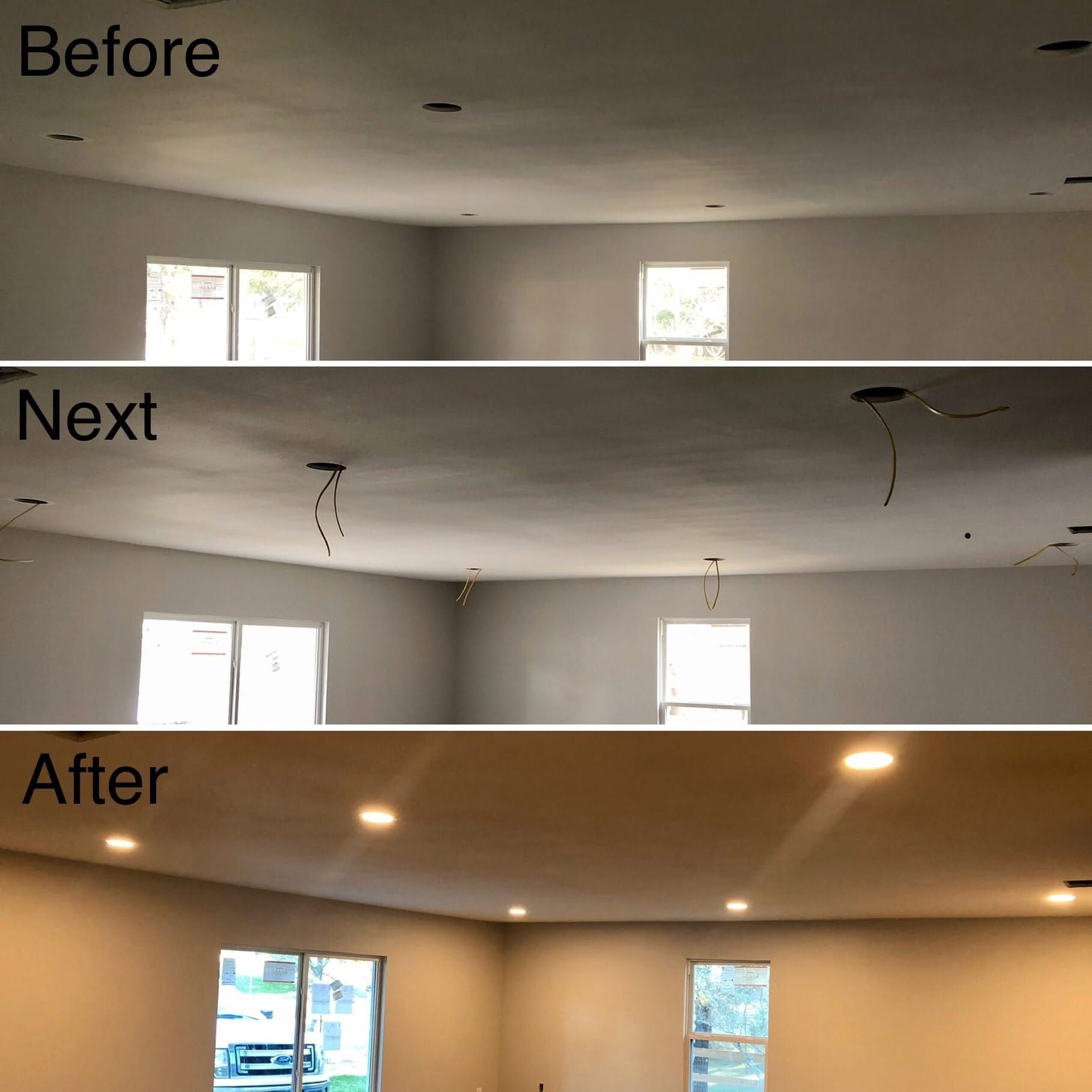 Ceiling renovation showing before, during, and after shots. Recessed lighting installed in the final stage.